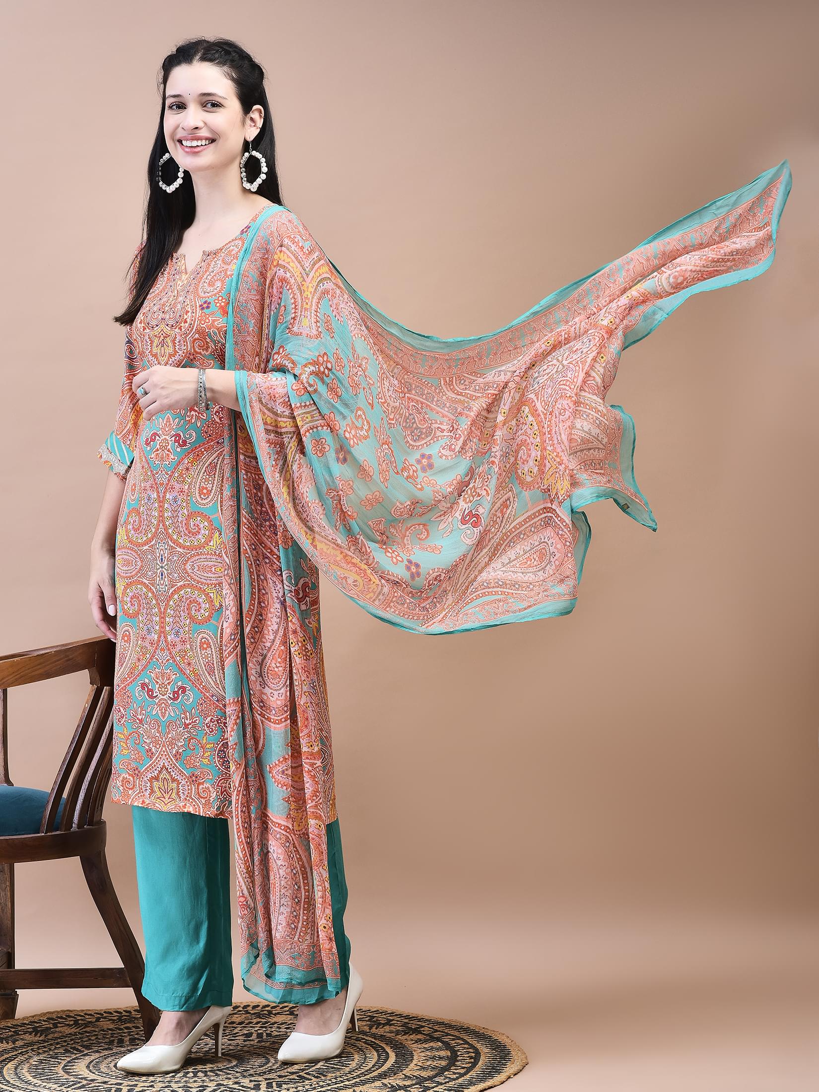 Women Crepe Orange Paisley Print Kurta Comfort Pant Dupatta.