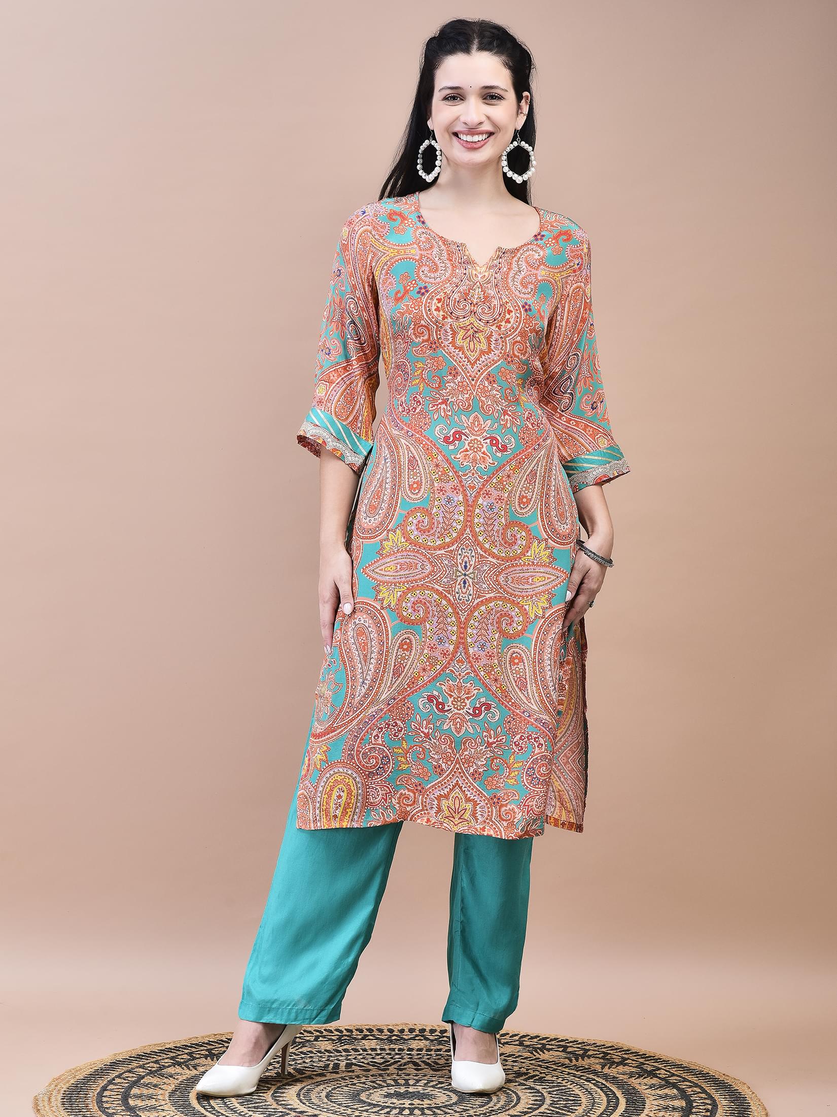 Women Crepe Orange Paisley Print Kurta Comfort Pant Dupatta.
