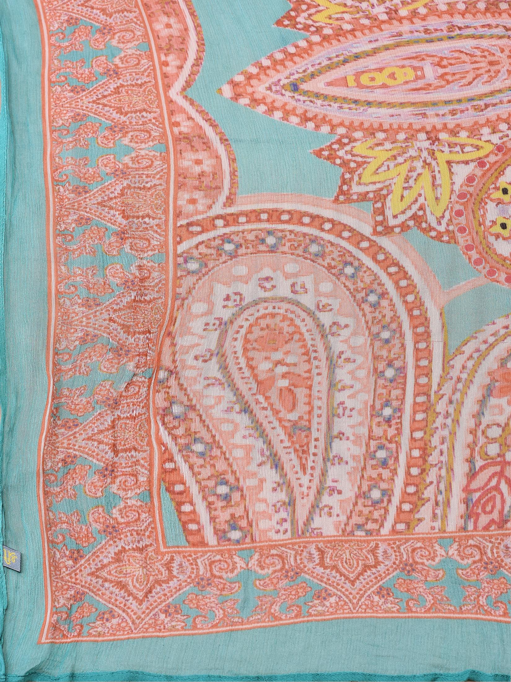 Women Crepe Orange Paisley Print Kurta Comfort Pant Dupatta.