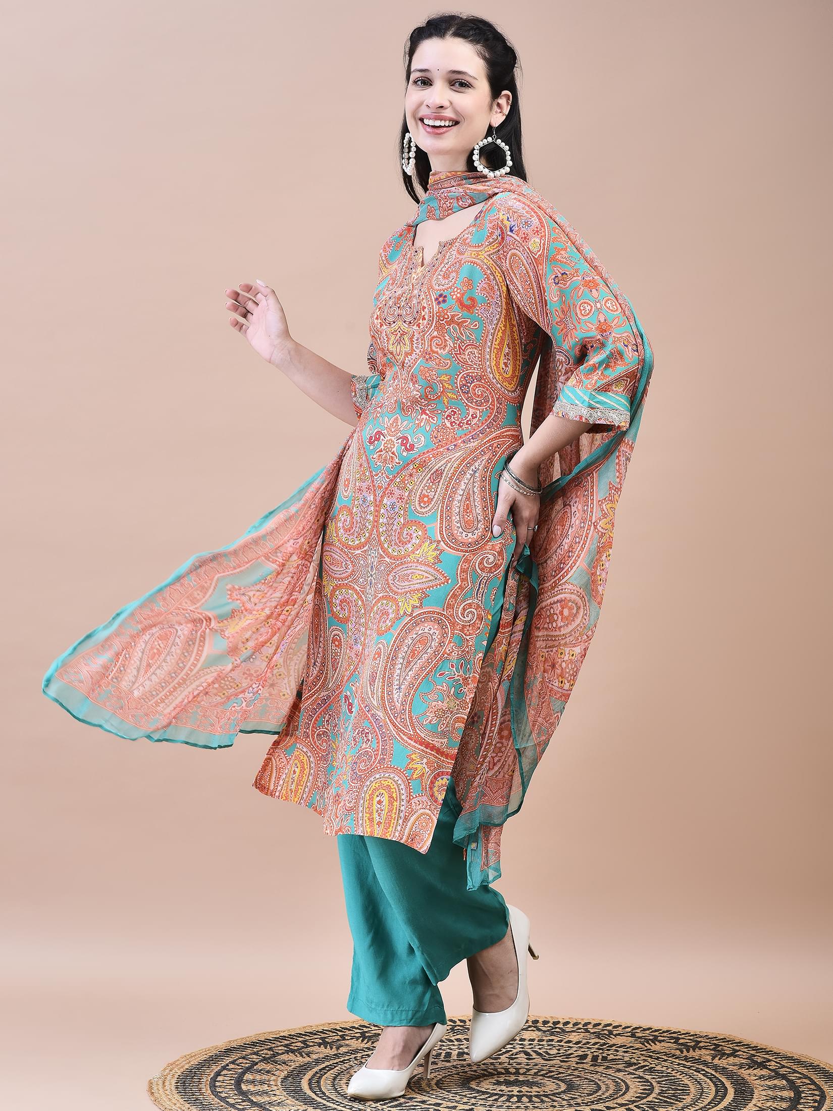 Women Crepe Orange Paisley Print Kurta Comfort Pant Dupatta.