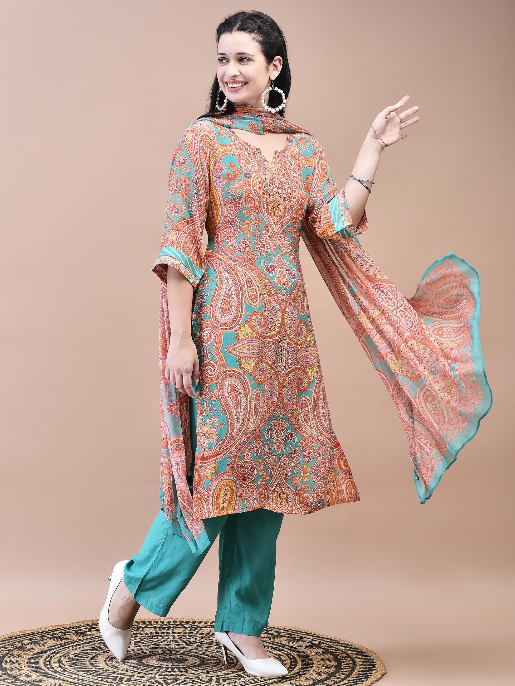 Women Crepe Orange Paisley Print Kurta Comfort Pant Dupatta.