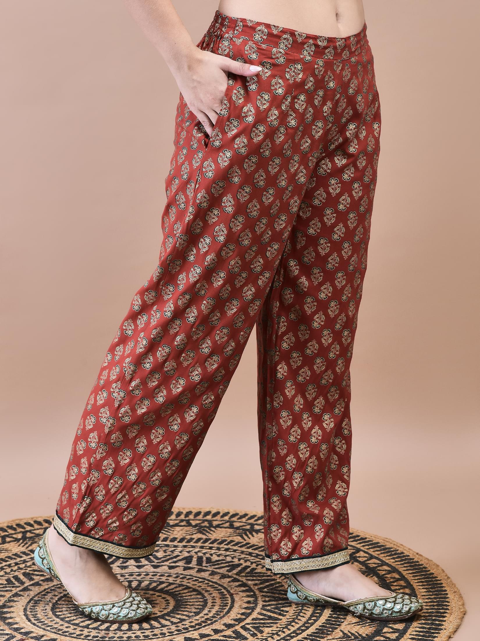 Women Liva Rust Butti Print Kurta Comfort Pant Dupatta.