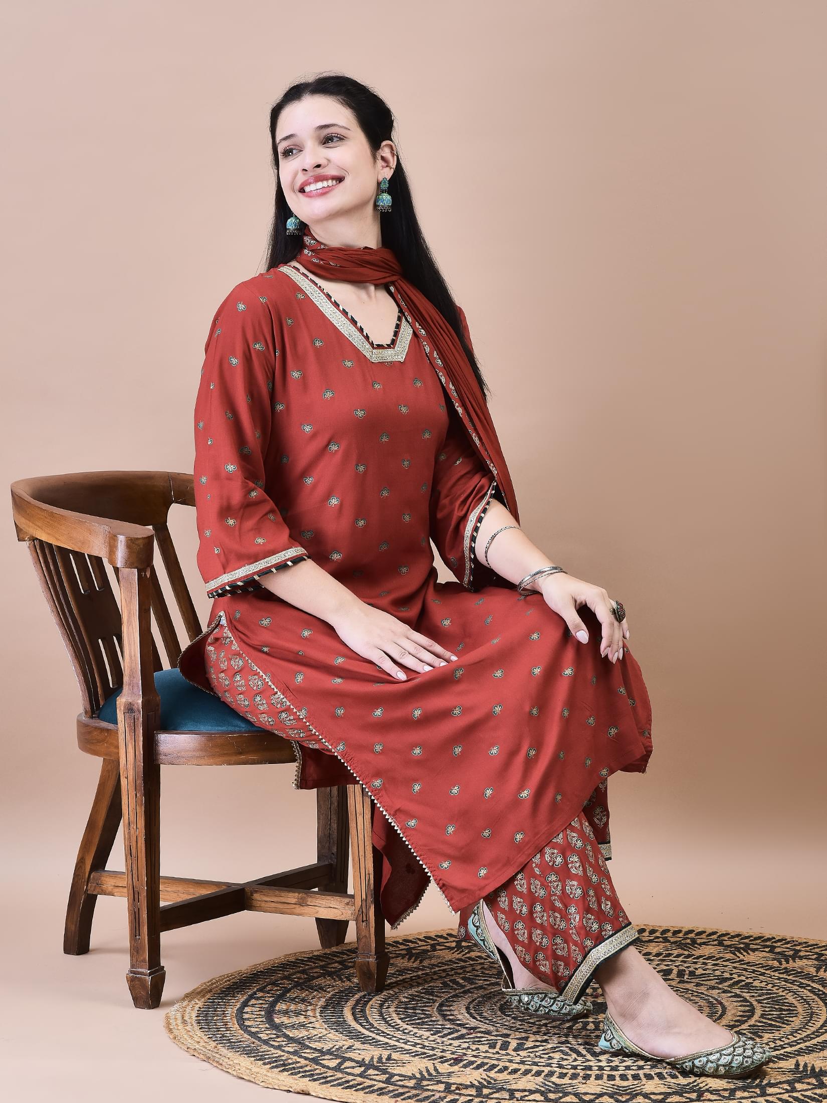 Women Liva Rust Butti Print Kurta Comfort Pant Dupatta.