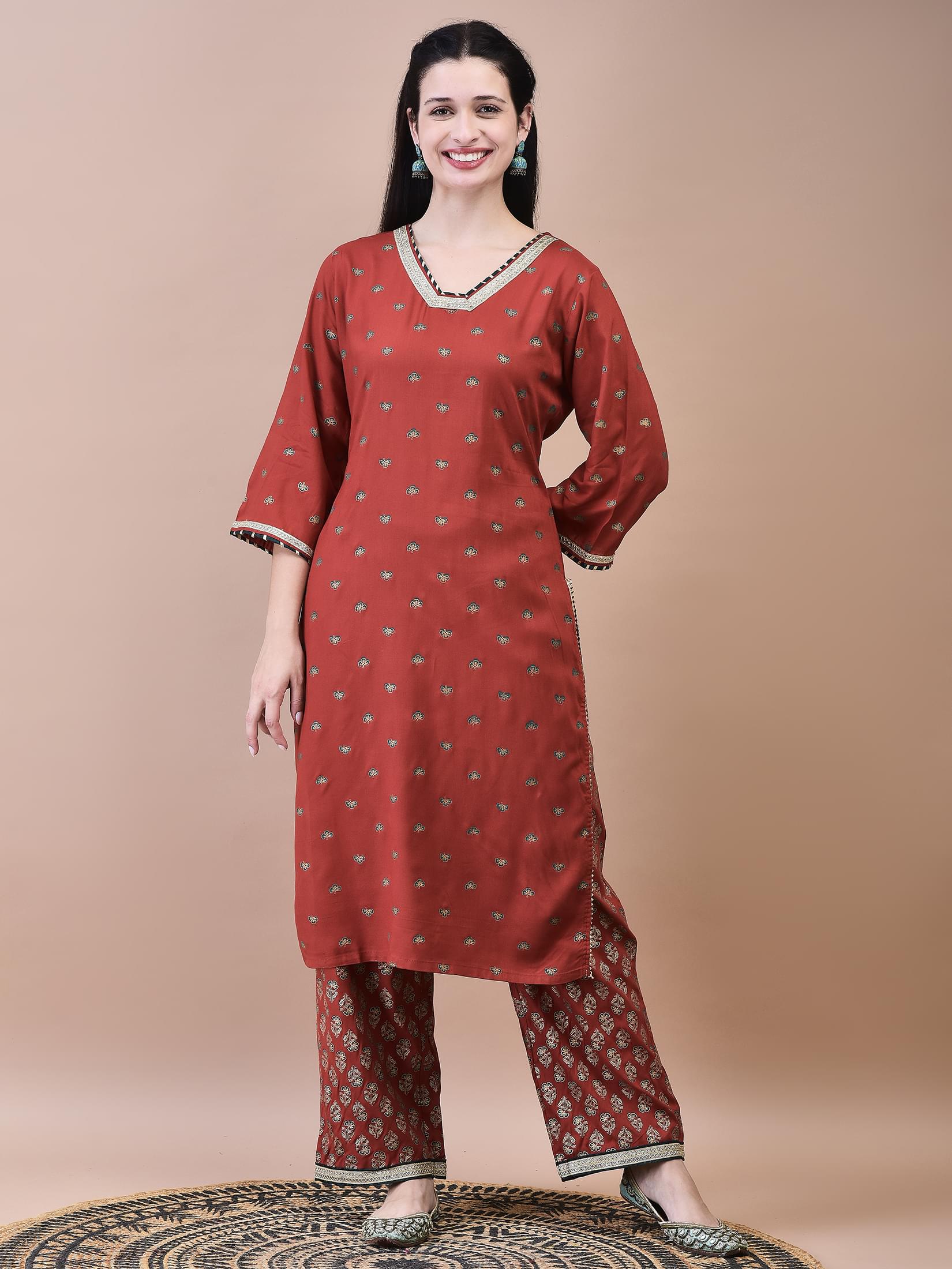 Women Liva Rust Butti Print Kurta Comfort Pant Dupatta.
