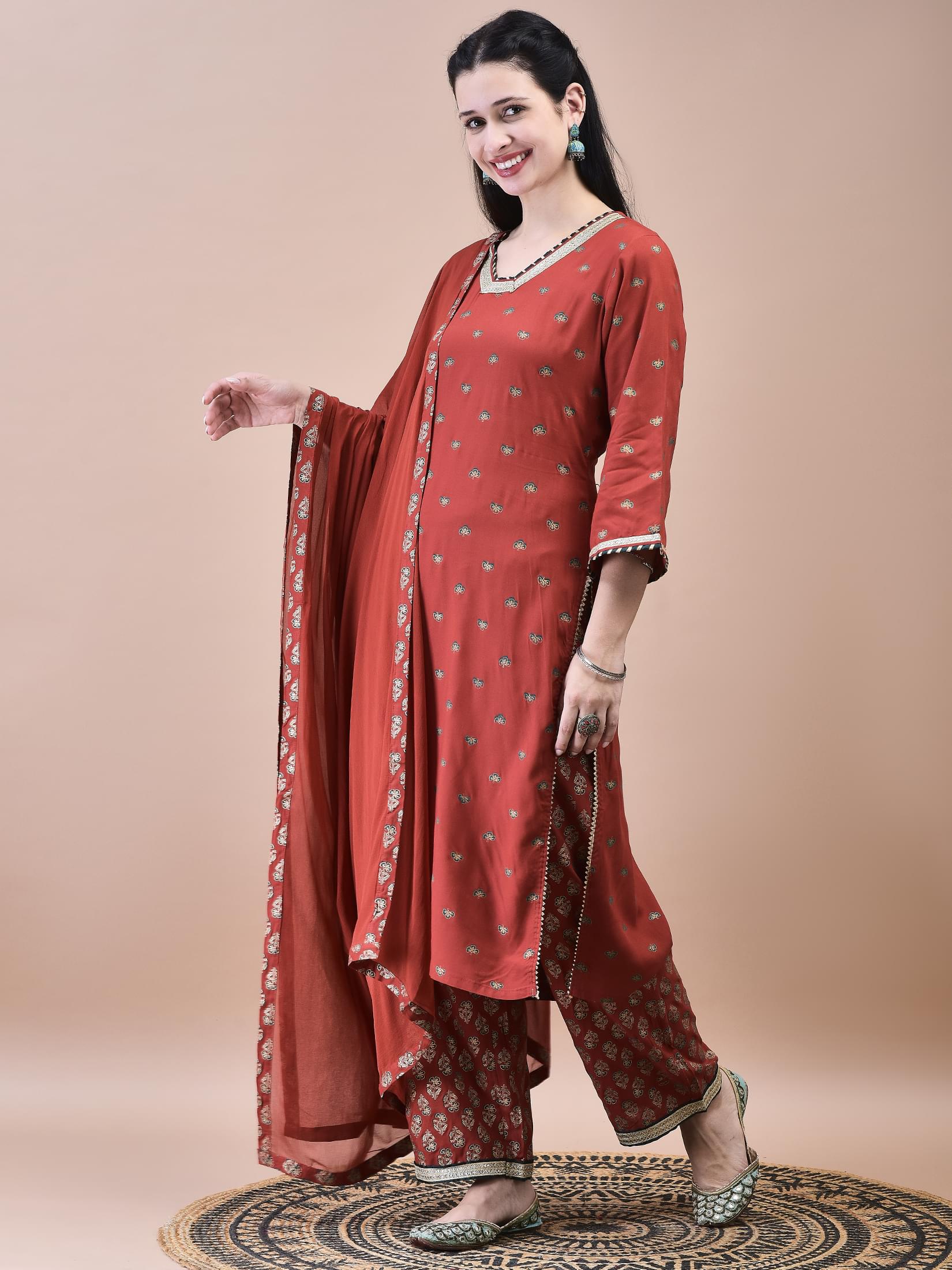 Women Liva Rust Butti Print Kurta Comfort Pant Dupatta.