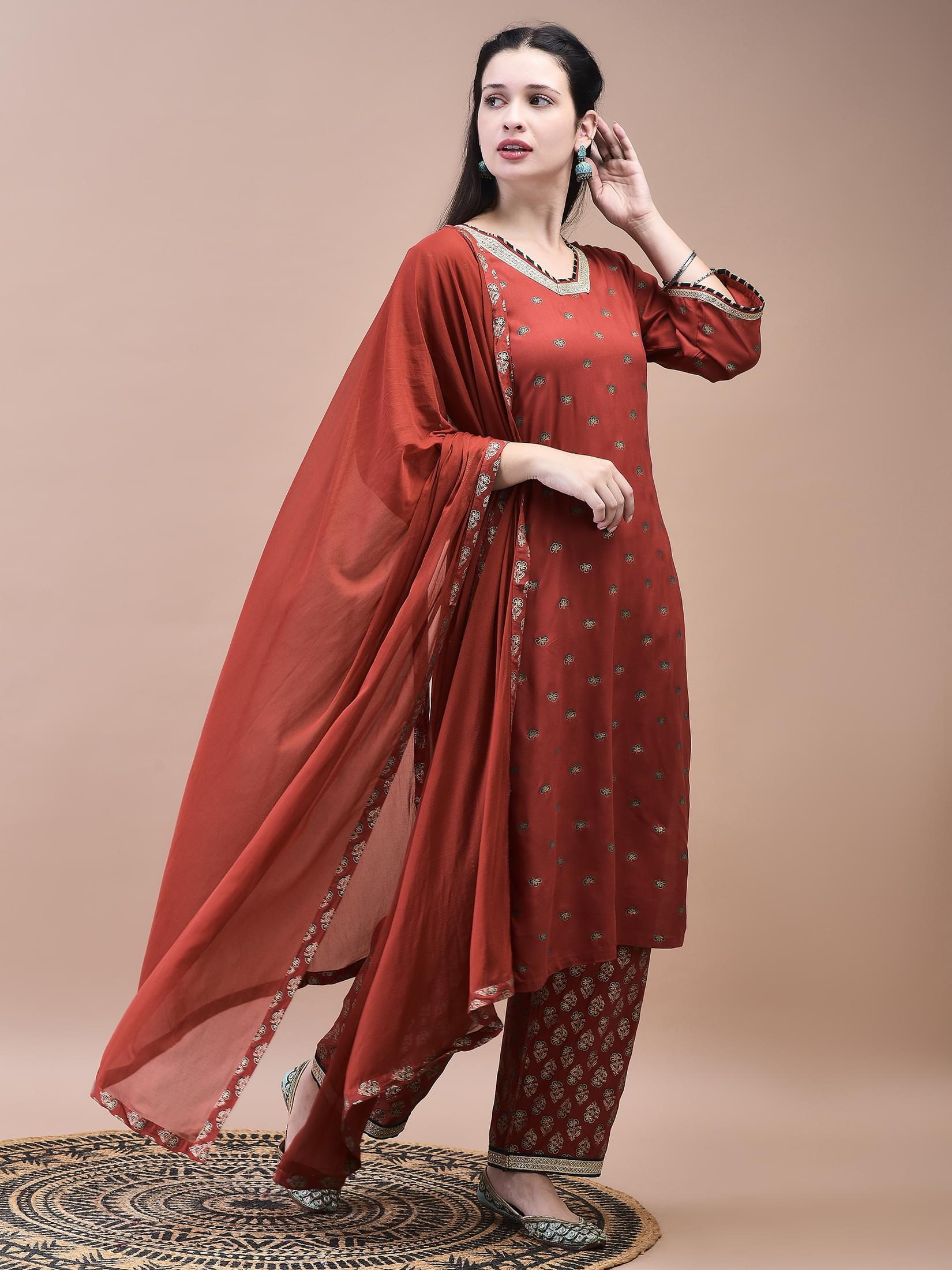 Women Liva Rust Butti Print Kurta Comfort Pant Dupatta.