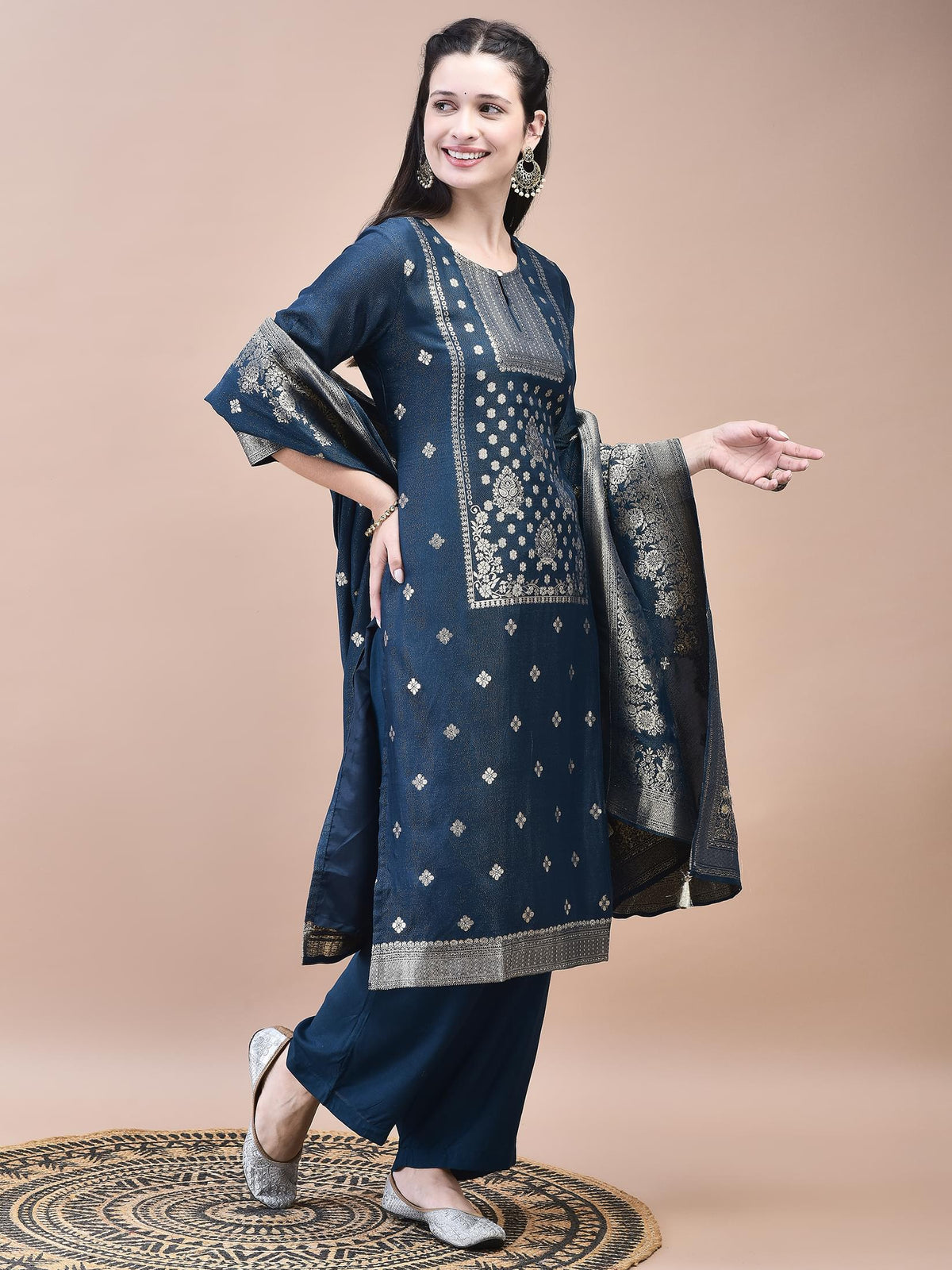 Women Dola Jacquard Blue Woven Kurta Comfort Pant Dupatta.