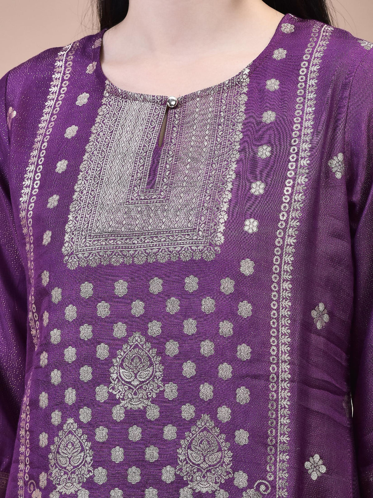 Women Dola Jacquard Purple Woven Kurta Comfort Pant Dupatta.