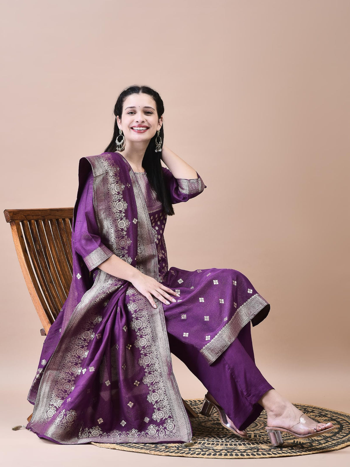 Women Dola Jacquard Purple Woven Kurta Comfort Pant Dupatta.