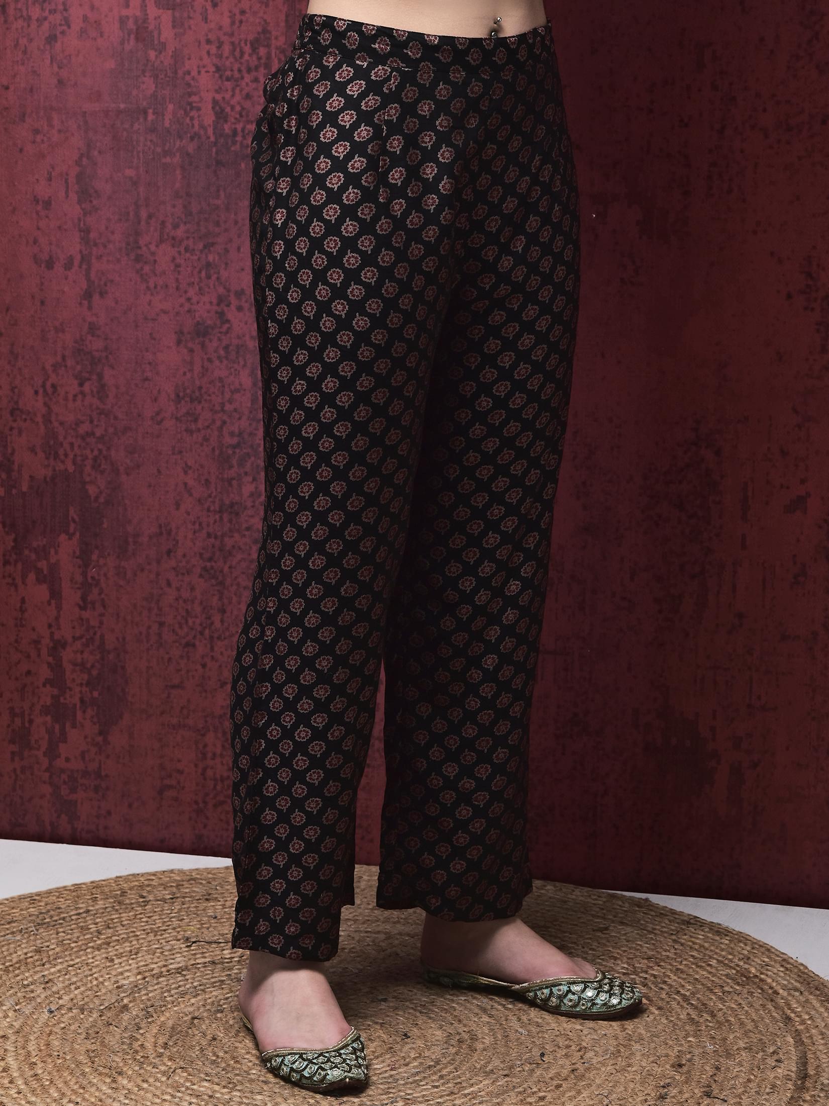 Women Poly Viscose Black Calico Print Kurta Comfort Pant Chanderi Dupatta.