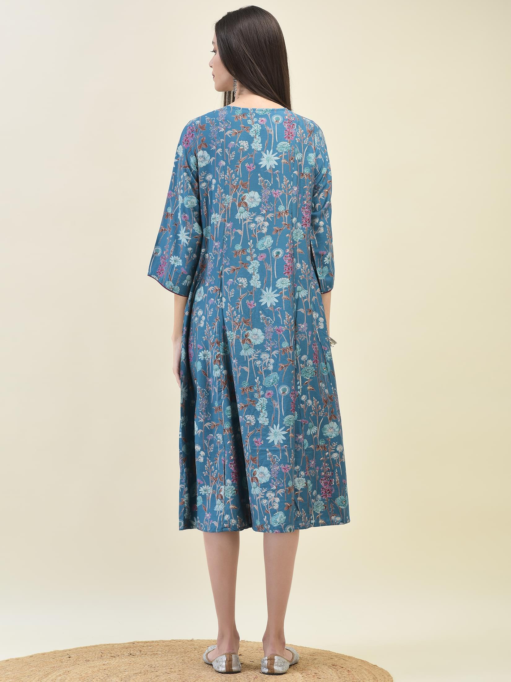 Women Viscose Teal Floral Print Dress.