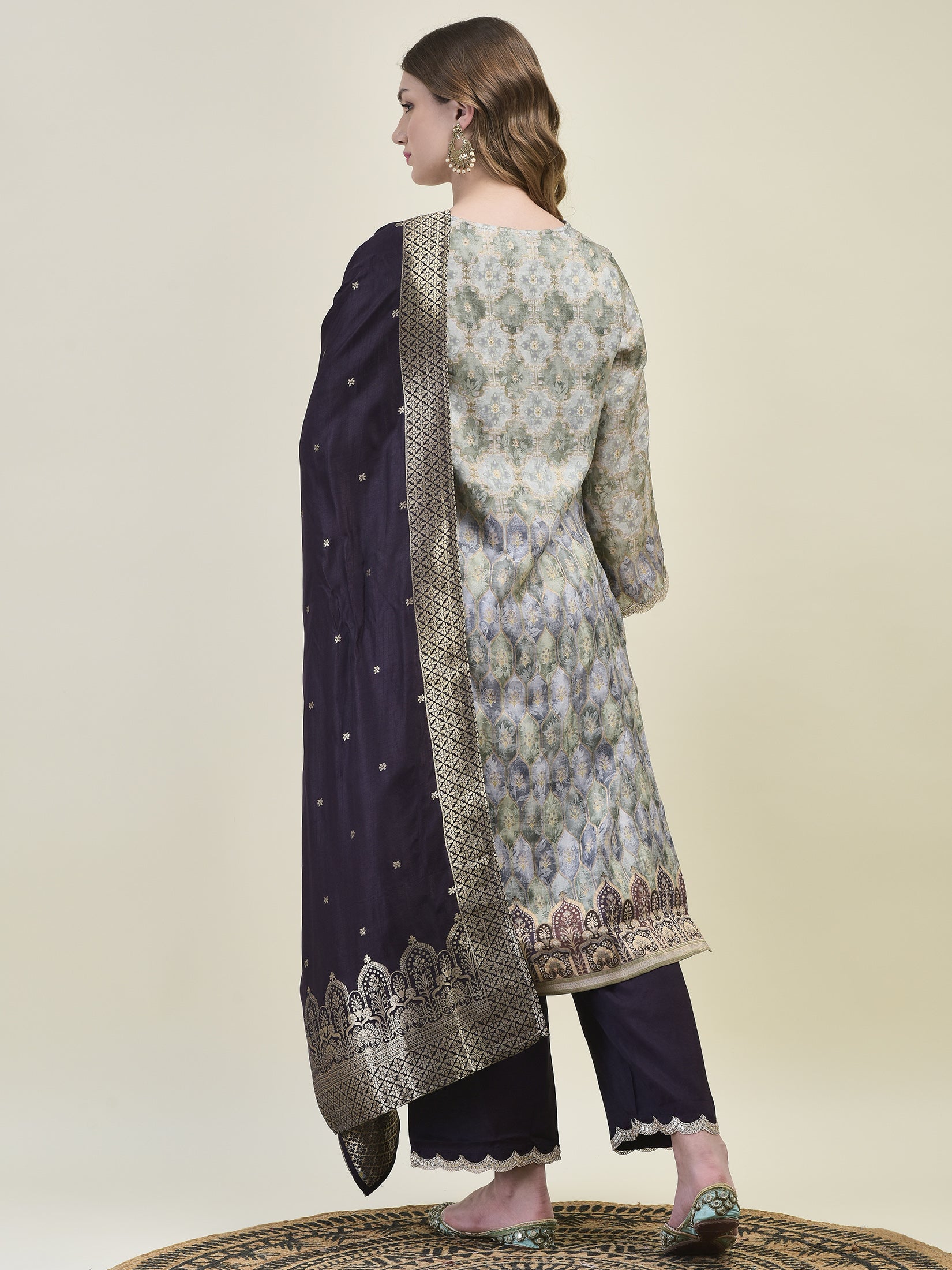 Women Dola Jacquard Grey Woven Kurta Comfort Pant Dupatta.