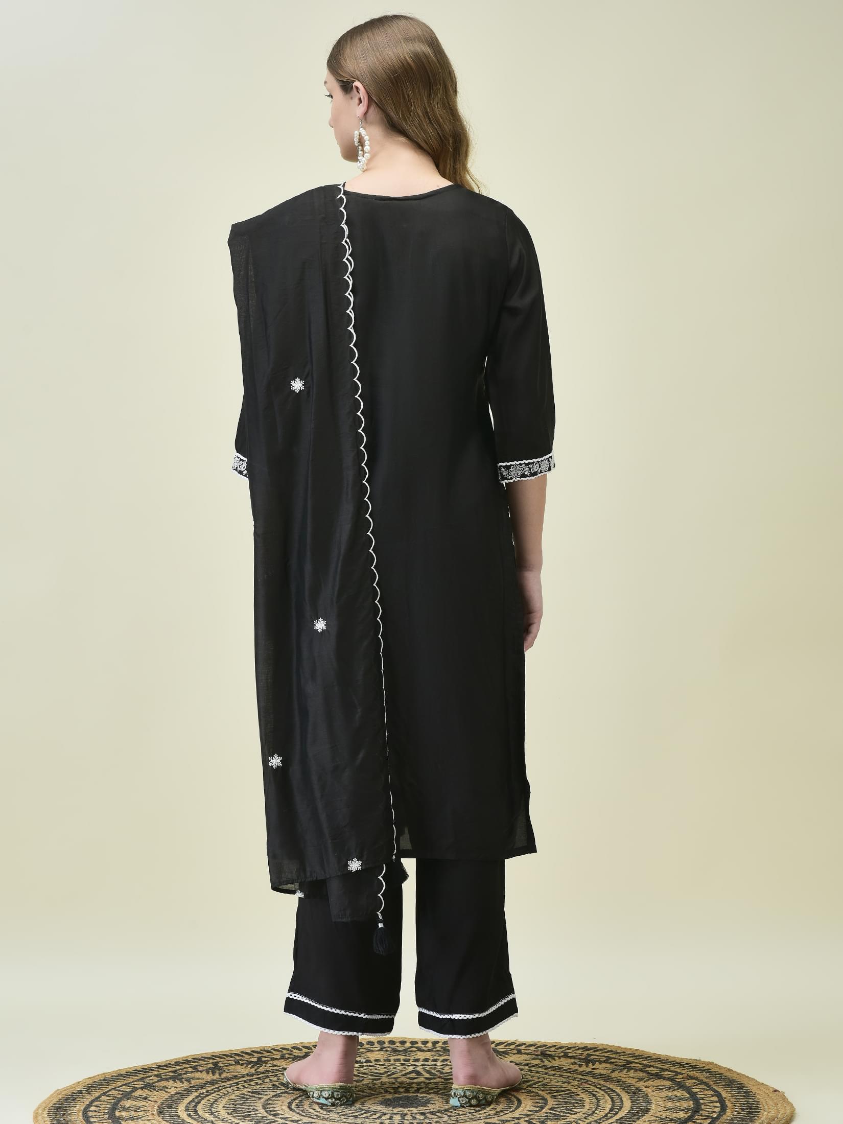 Women Poly Viscose Black Embroidered Kurta Comfort Pant Dupatta.