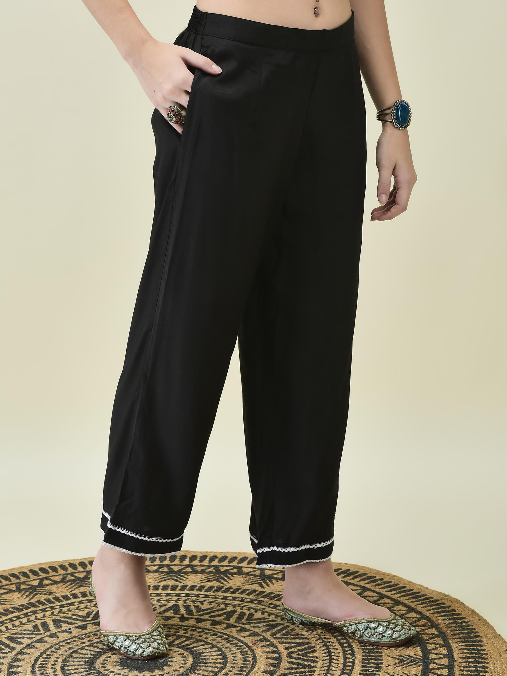 Women Poly Viscose Black Embroidered Kurta Comfort Pant Dupatta.