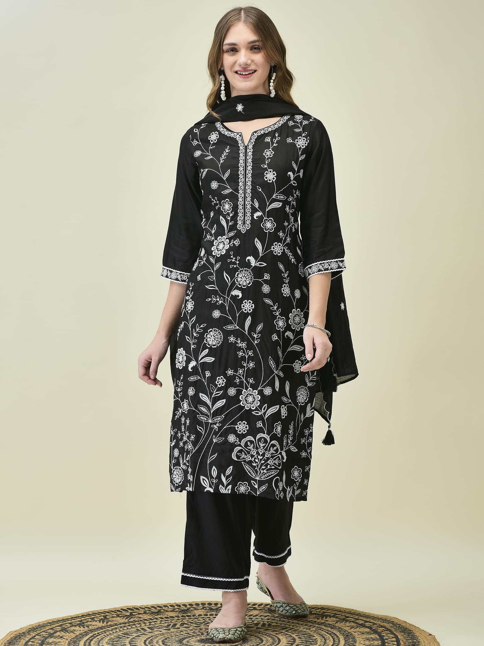 Women Poly Viscose Black Embroidered Kurta Comfort Pant Dupatta.