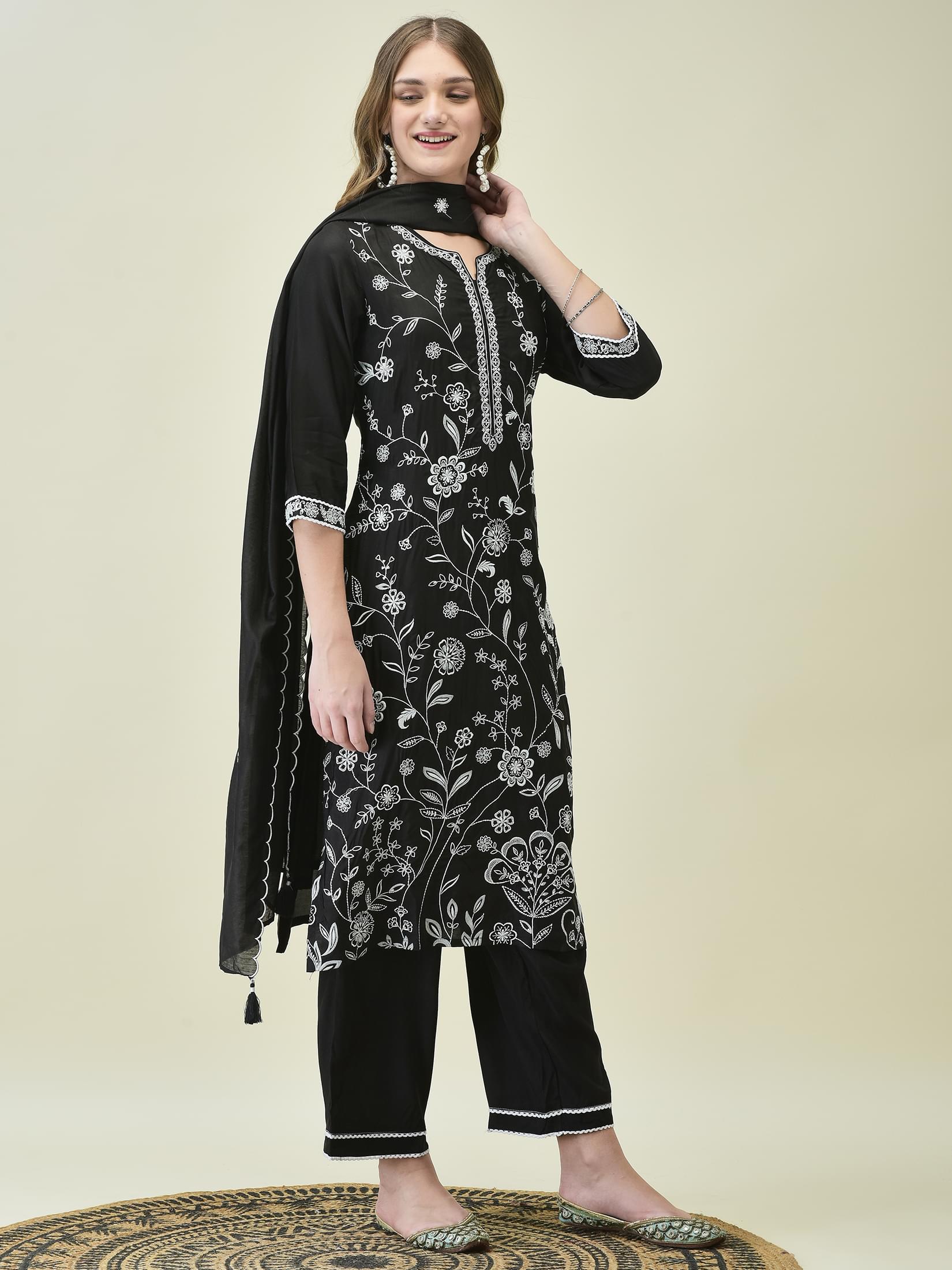 Women Poly Viscose Black Embroidered Kurta Comfort Pant Dupatta.