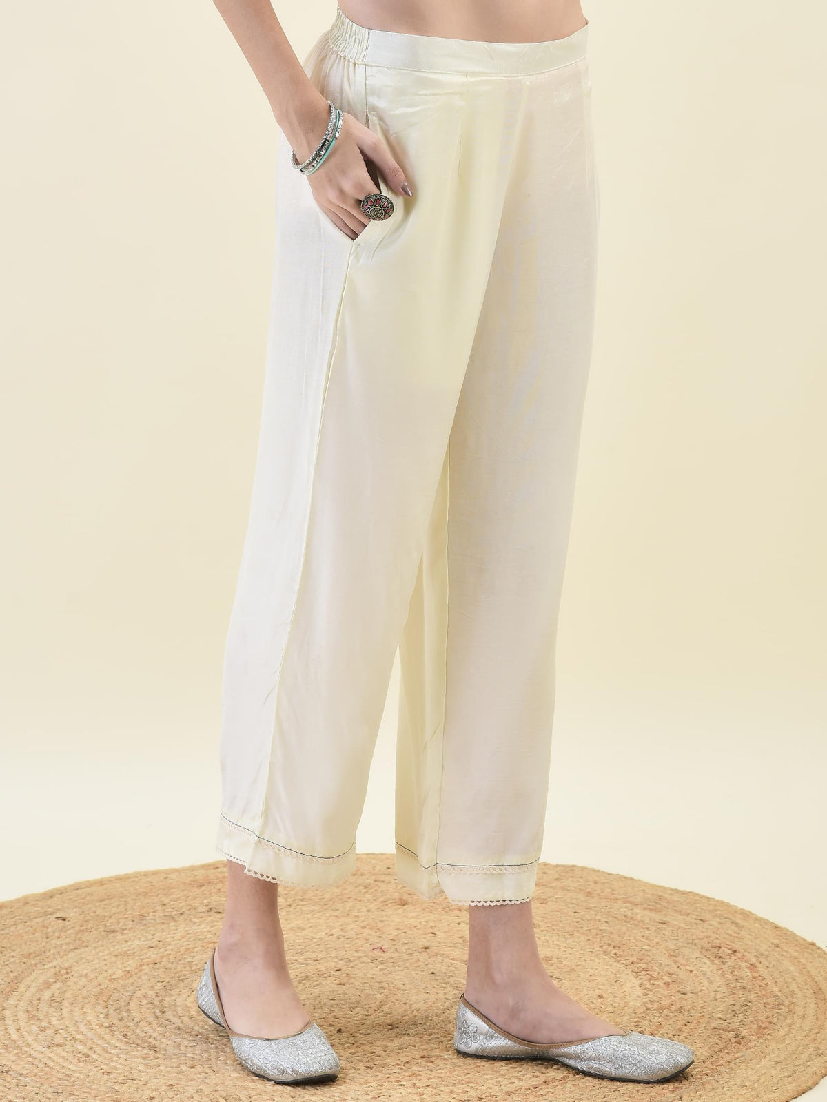 Women Poly Viscose Off White Embroidered Kurta Comfort Pant Dupatta.