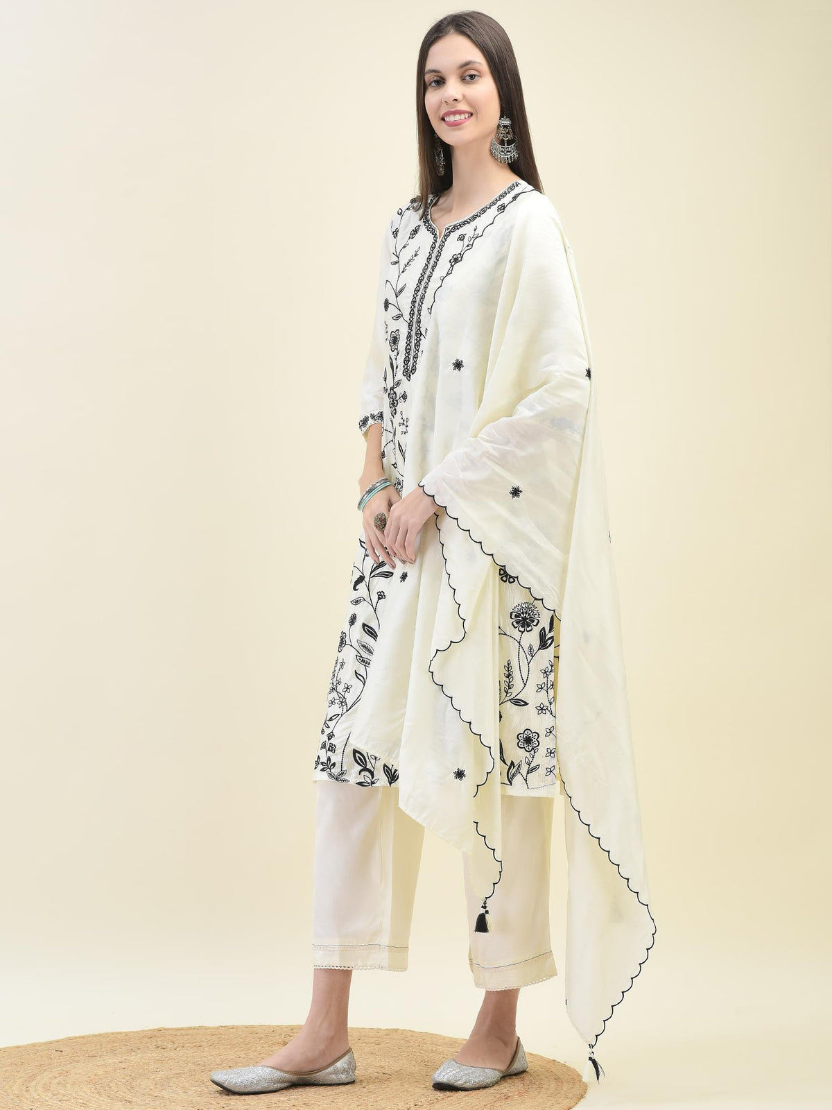 Women Poly Viscose Off White Embroidered Kurta Comfort Pant Dupatta.