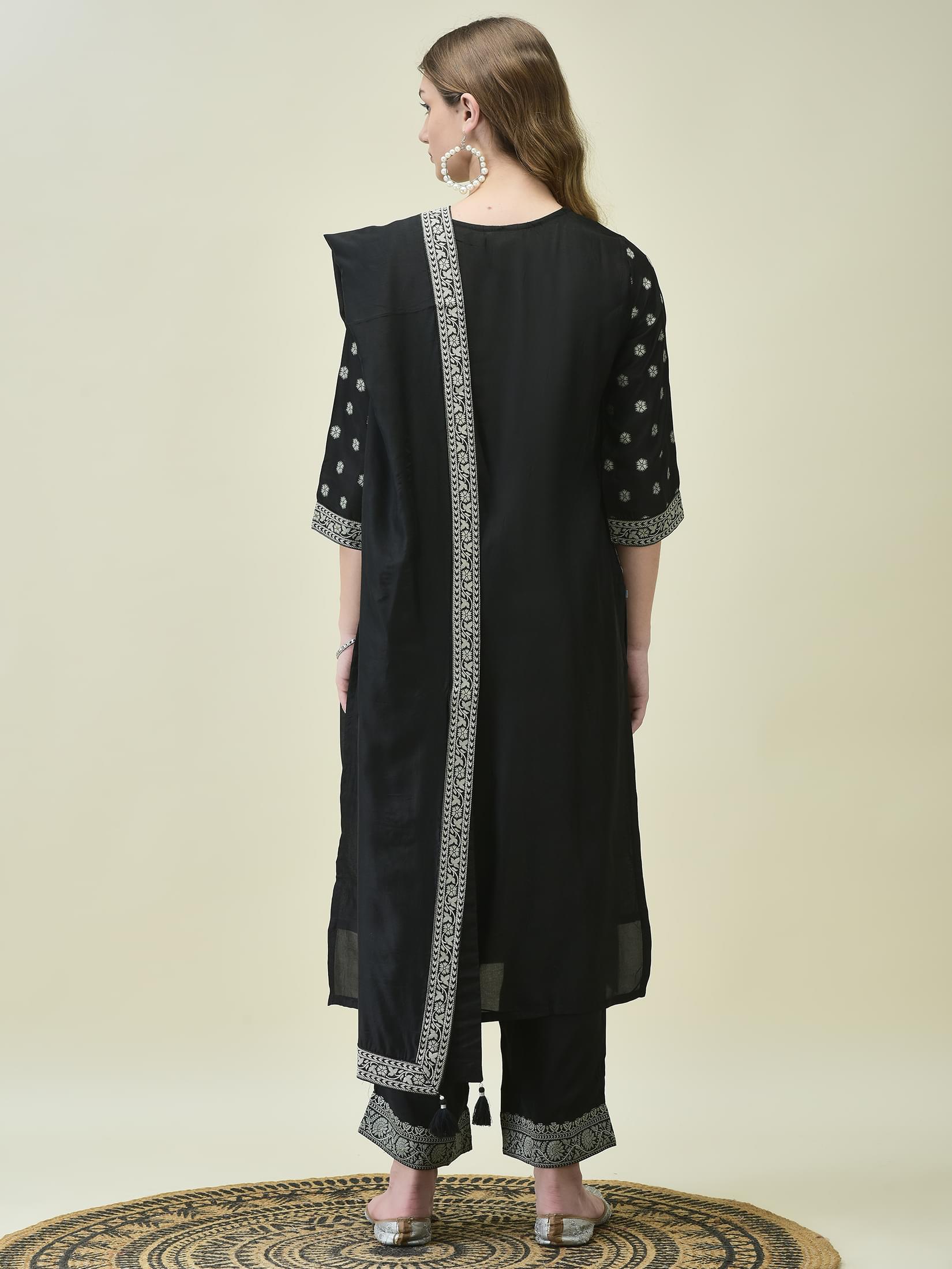 Women Dola Jacquard Black Woven Kurta Comfort Pant Dupatta.