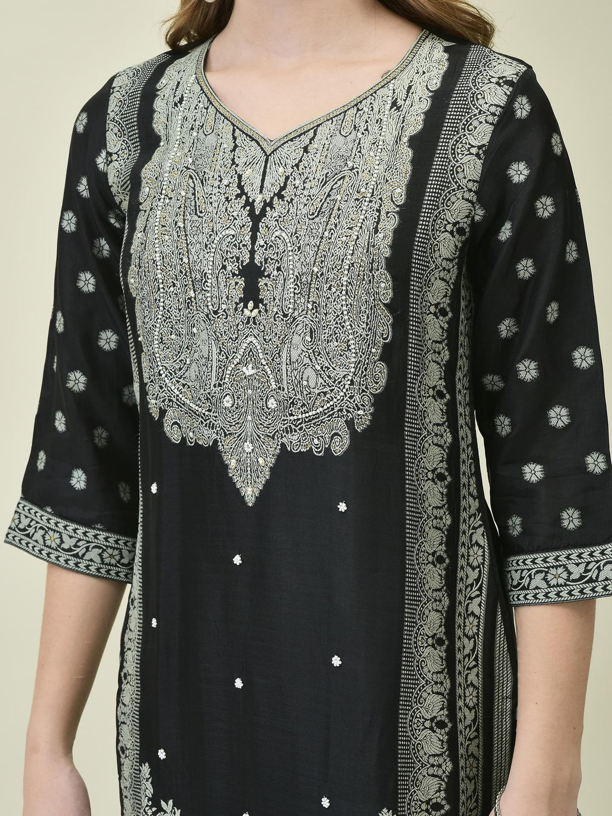 Women Dola Jacquard Black Woven Kurta Comfort Pant Dupatta.