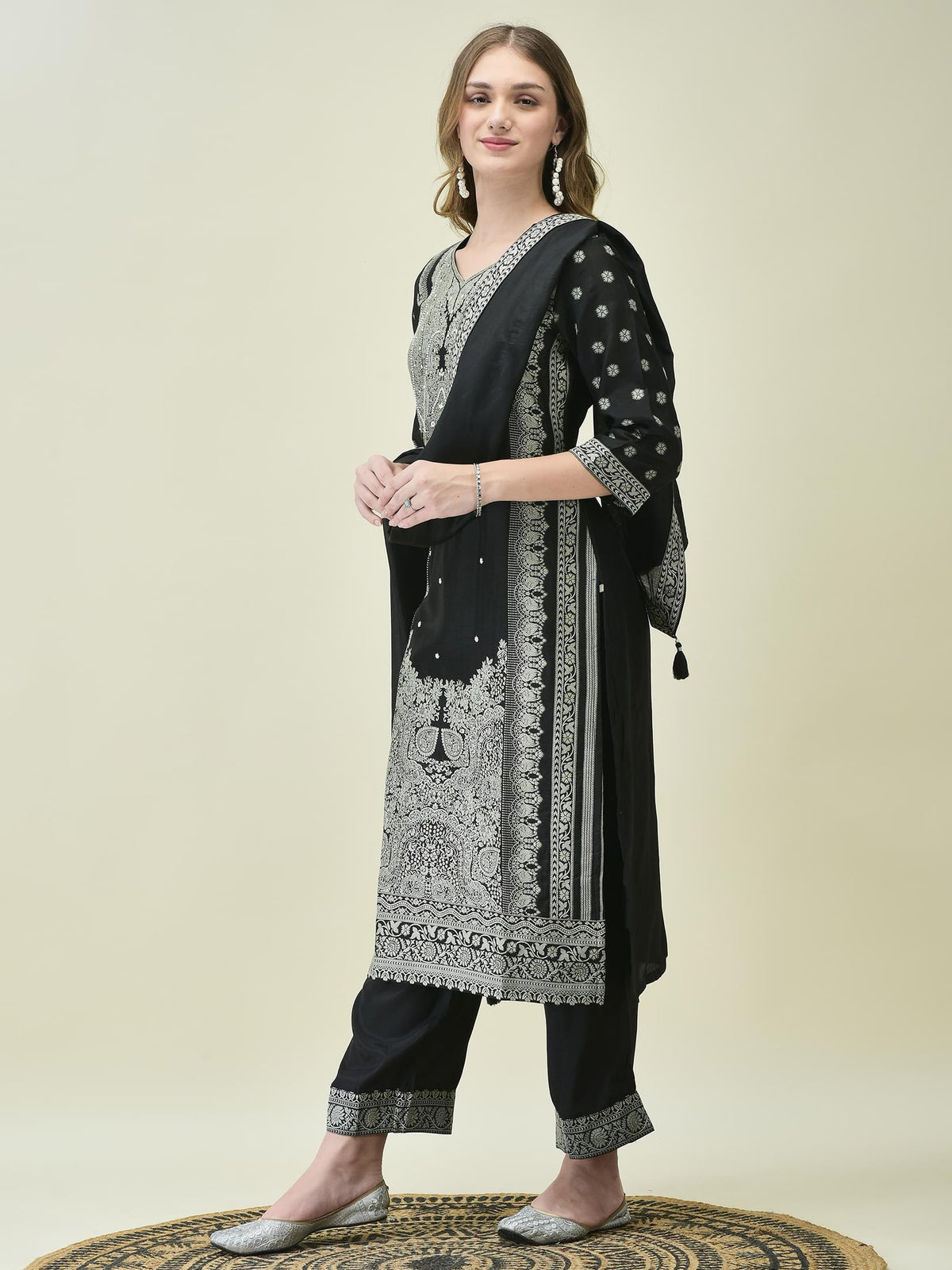 Women Dola Jacquard Black Woven Kurta Comfort Pant Dupatta.
