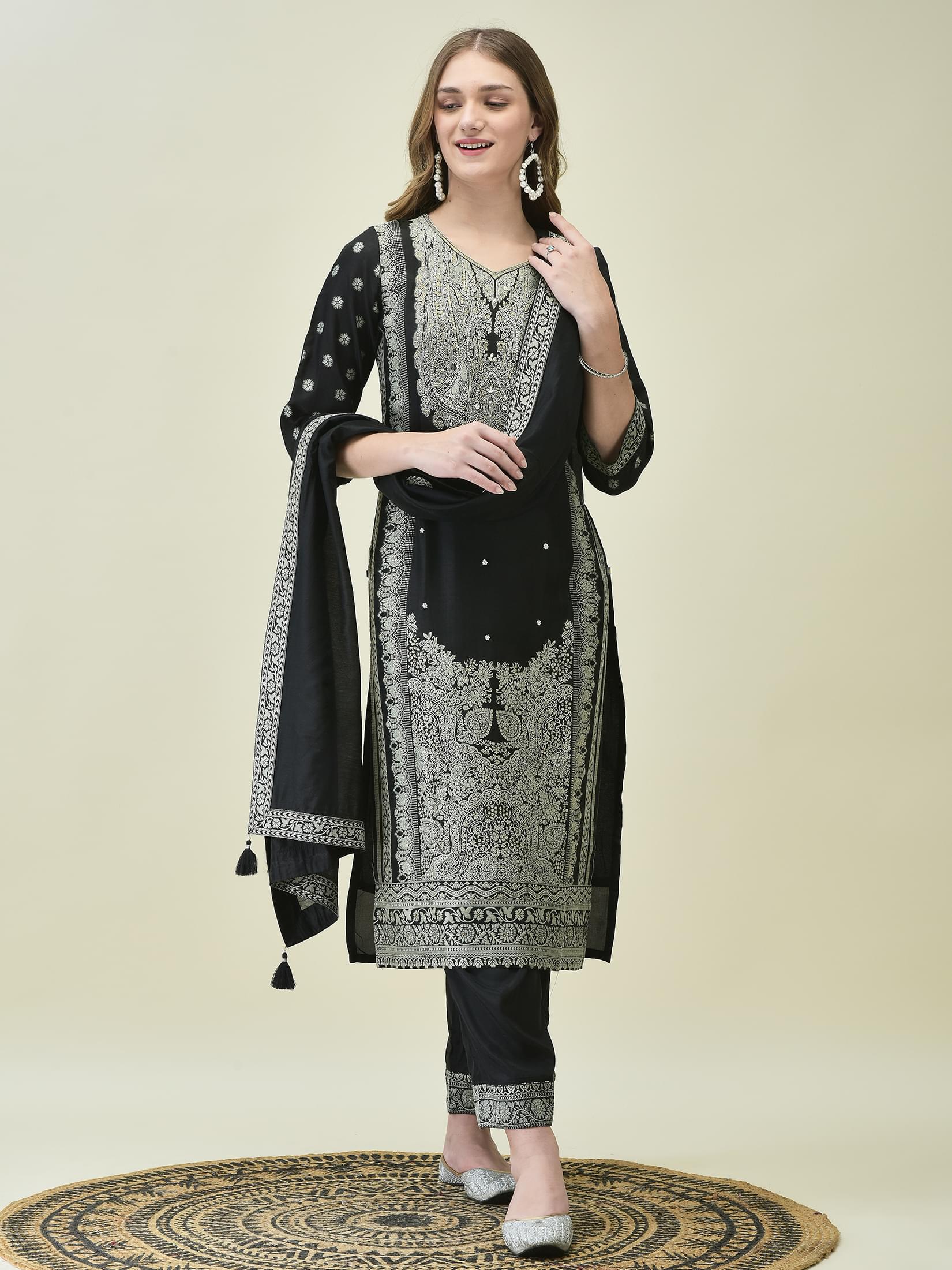 Women Silk Blend Grey Embroidered Kurta Comfort Pant Dupatta