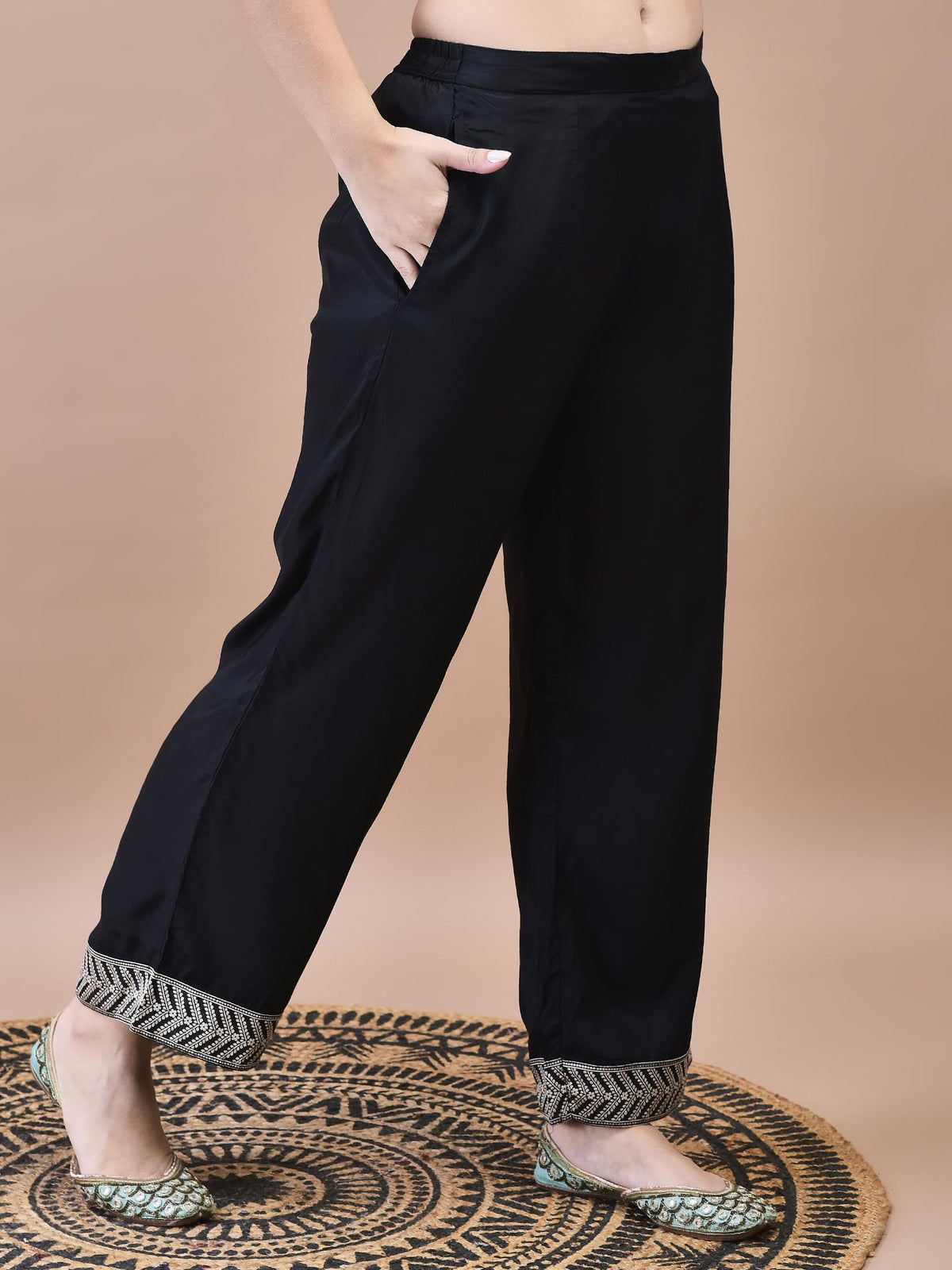 Women Dola Jacquard Black Woven Kurta Comfort Pant Dupatta.