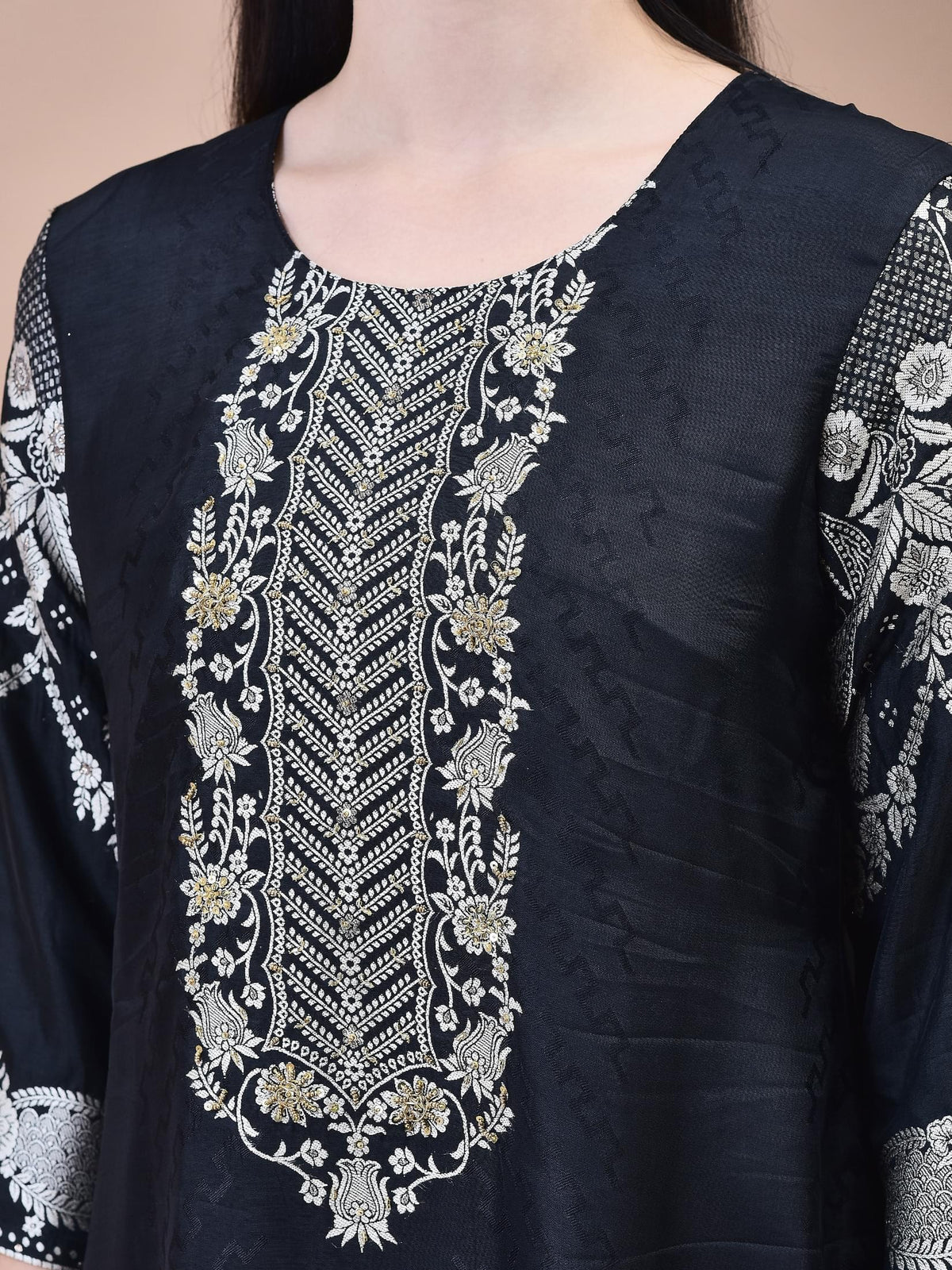 Women Dola Jacquard Black Woven Kurta Comfort Pant Dupatta.