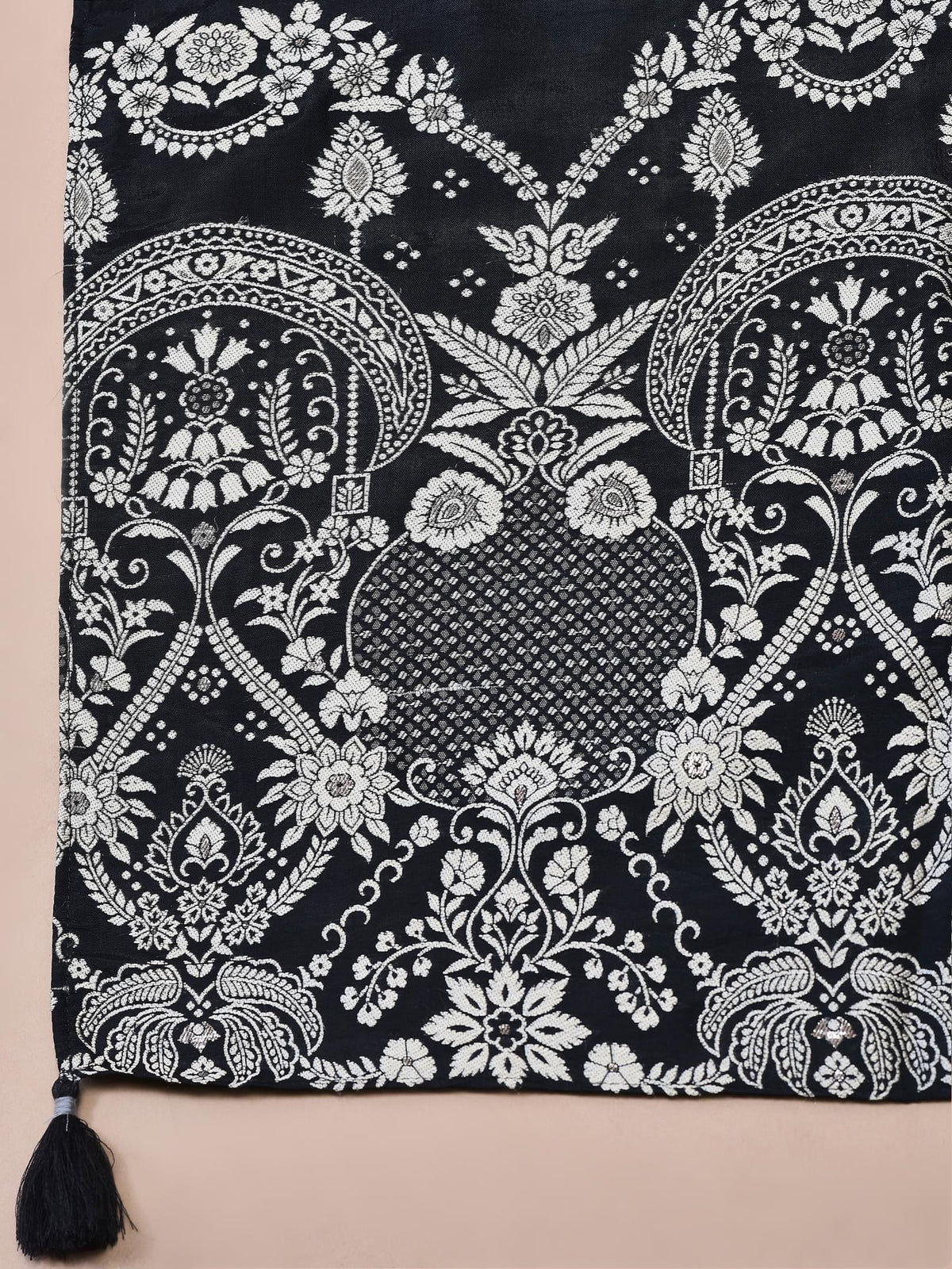 Women Dola Jacquard Black Woven Kurta Comfort Pant Dupatta.
