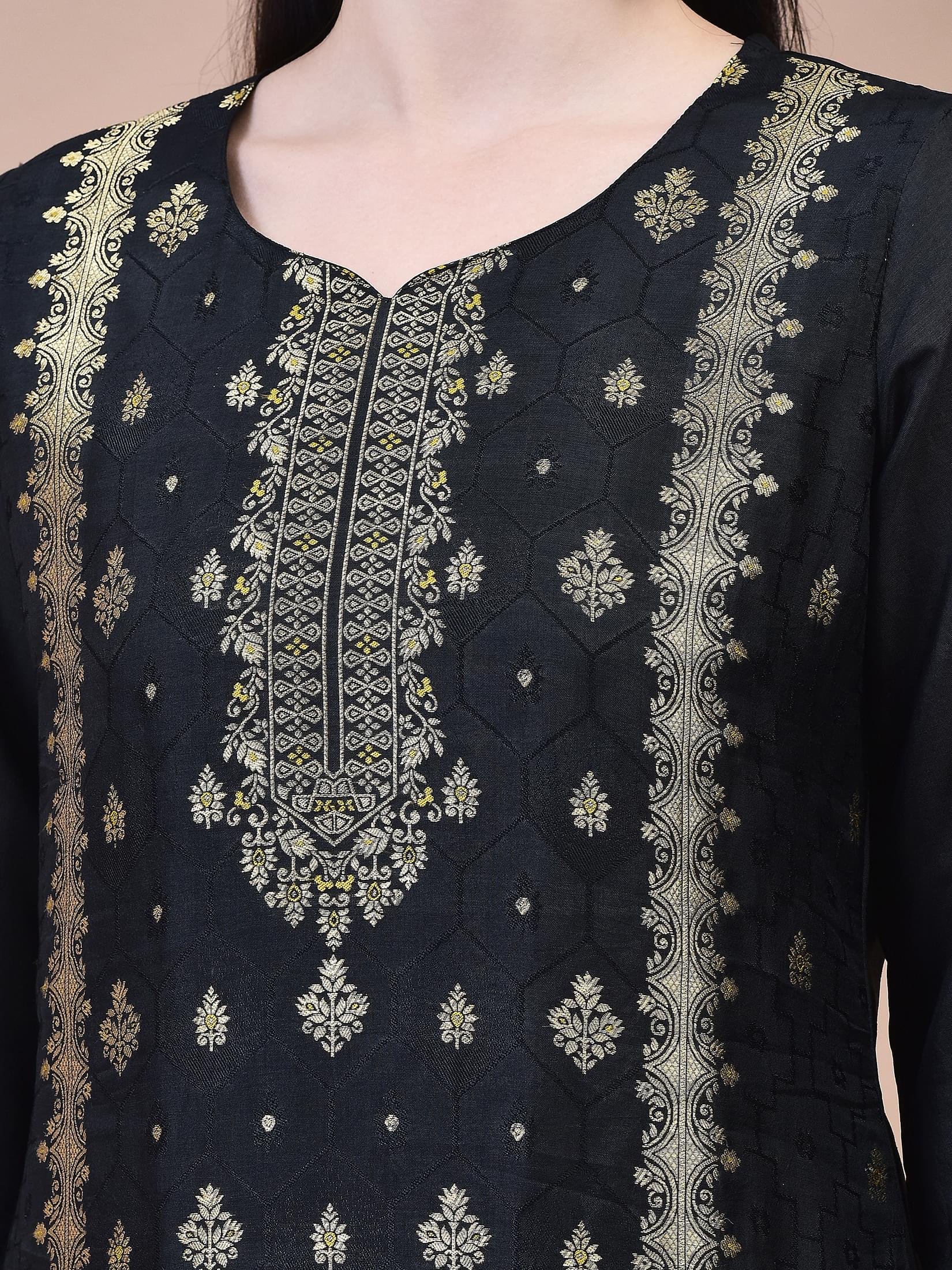 Women Dola Jacquard Black Woven Kurta Comfort Pant Dupatta.