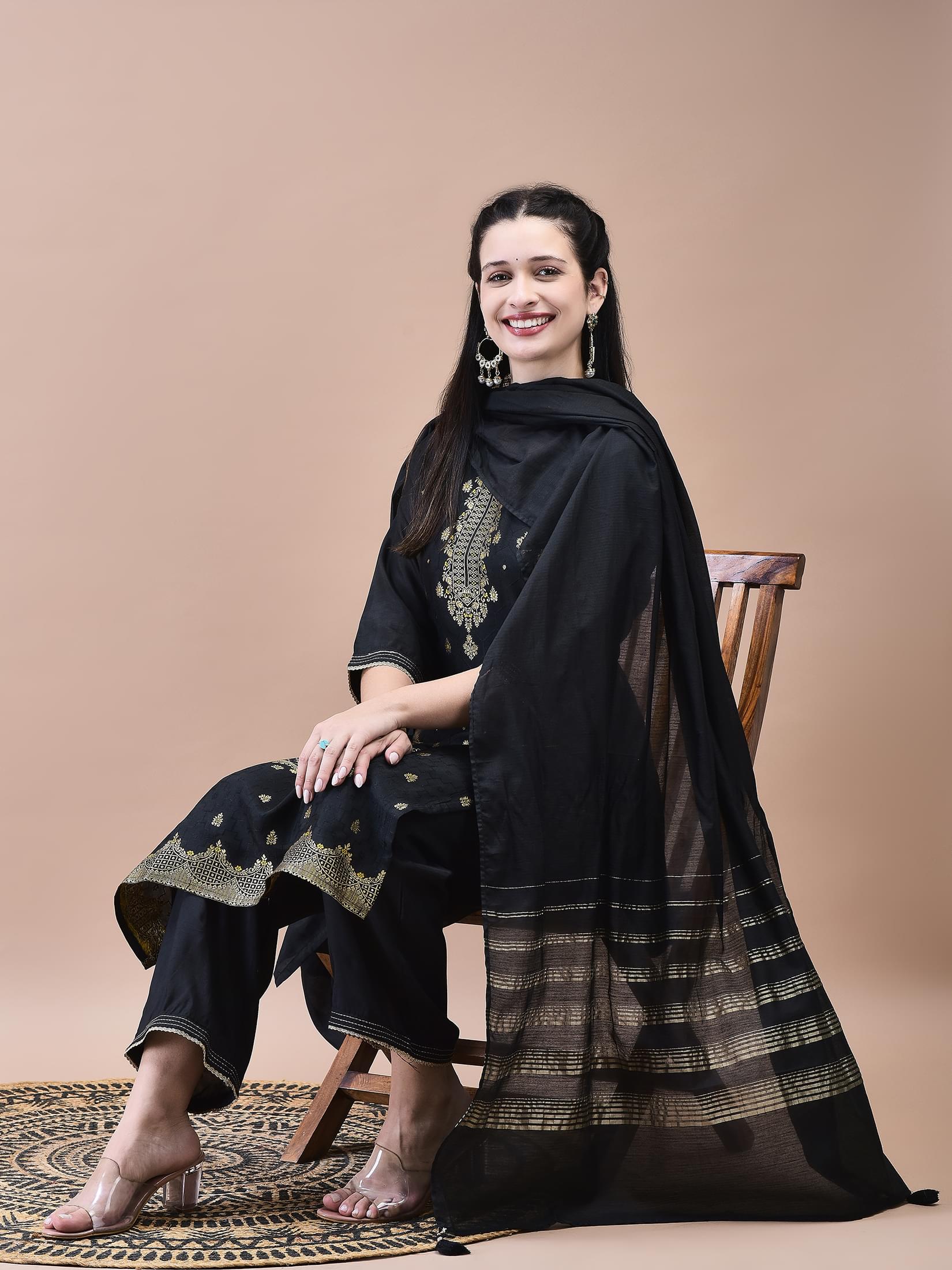 Women Dola Jacquard Black Woven Kurta Comfort Pant Dupatta.