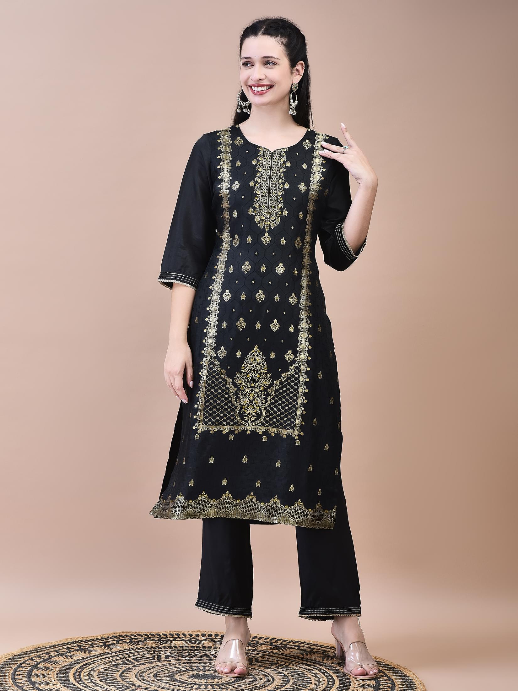 Women Dola Jacquard Black Woven Kurta Comfort Pant Dupatta.