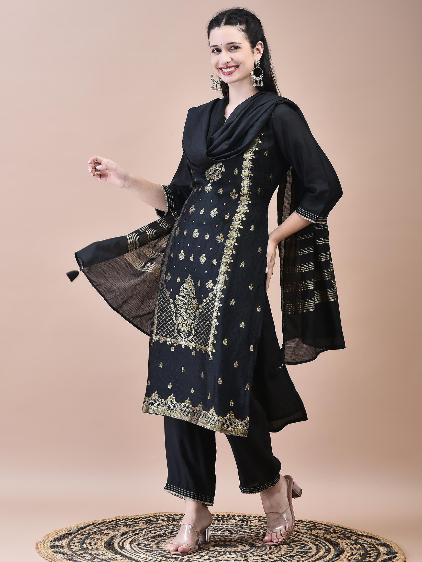 Women Dola Jacquard Black Woven Kurta Comfort Pant Dupatta.
