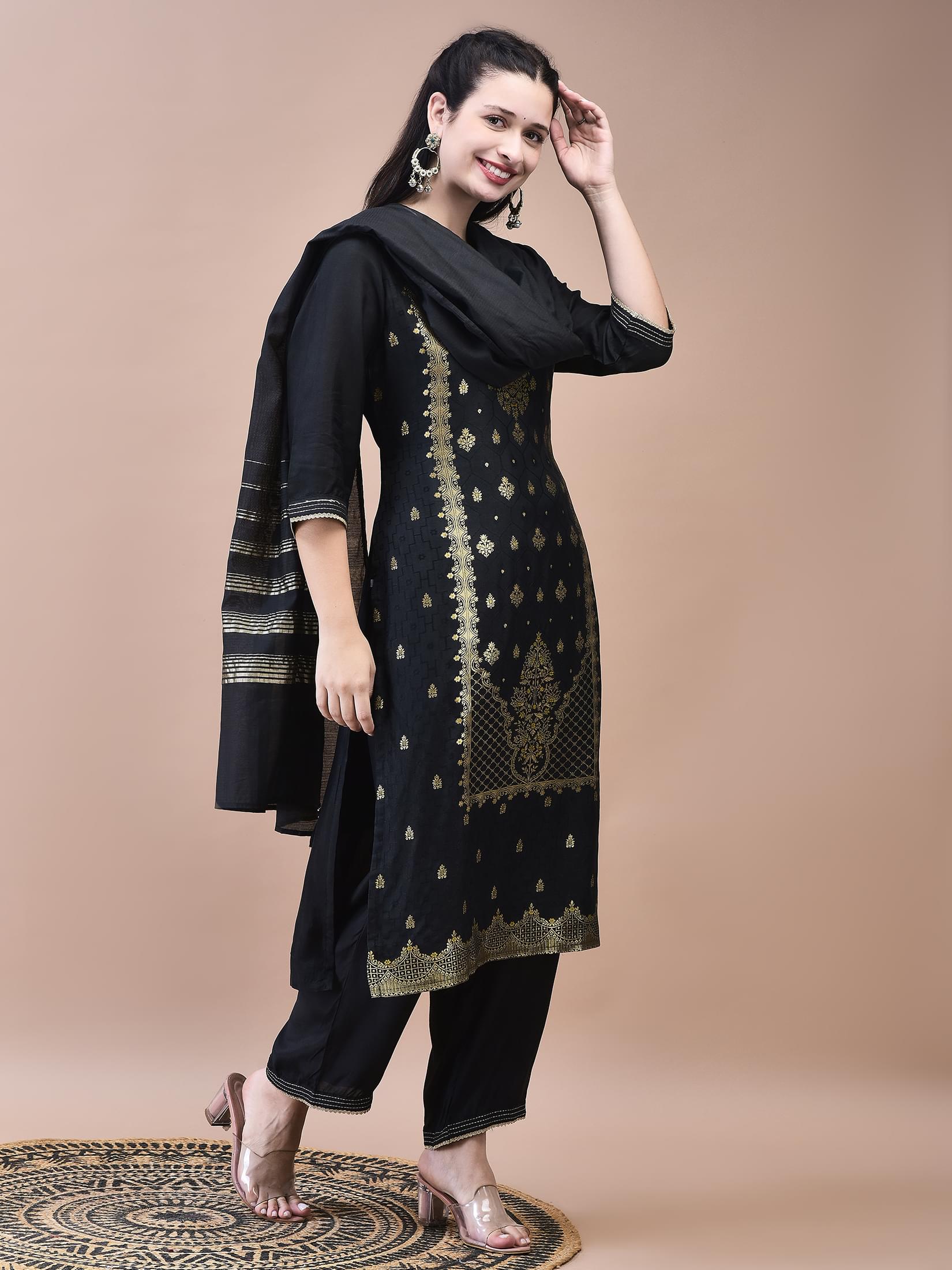 Women Dola Jacquard Black Woven Kurta Comfort Pant Dupatta.