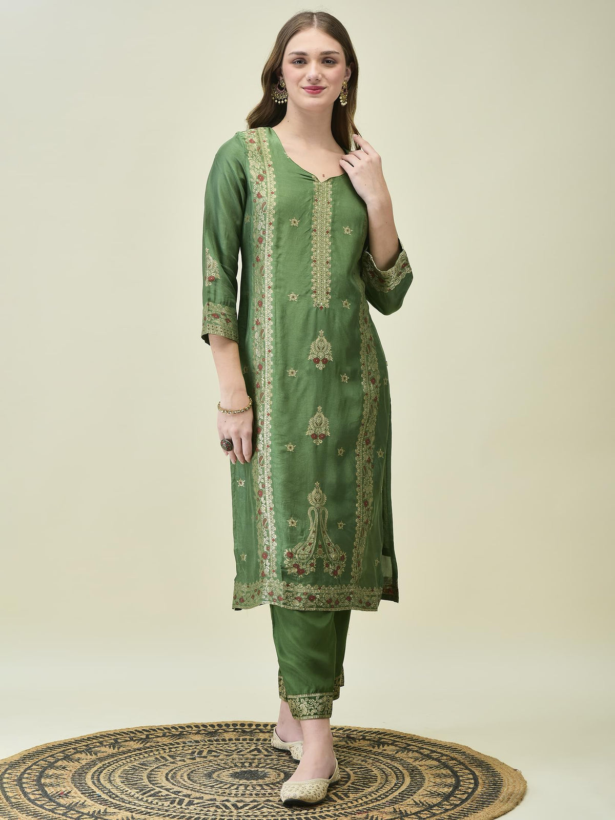 Women Dola Jacquard Olive Woven Kurta Comfort Pant Dupatta.