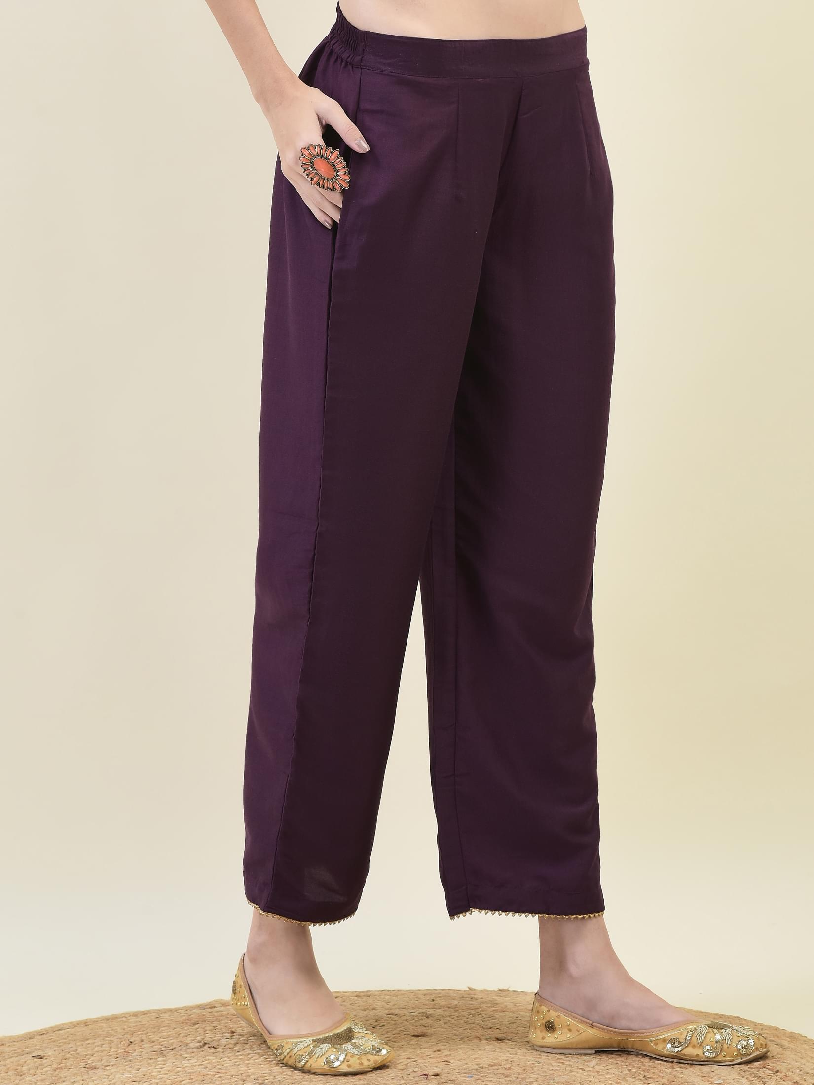 Women Silk Purple Embroidered Kurta Comfort Pant Dupatta.