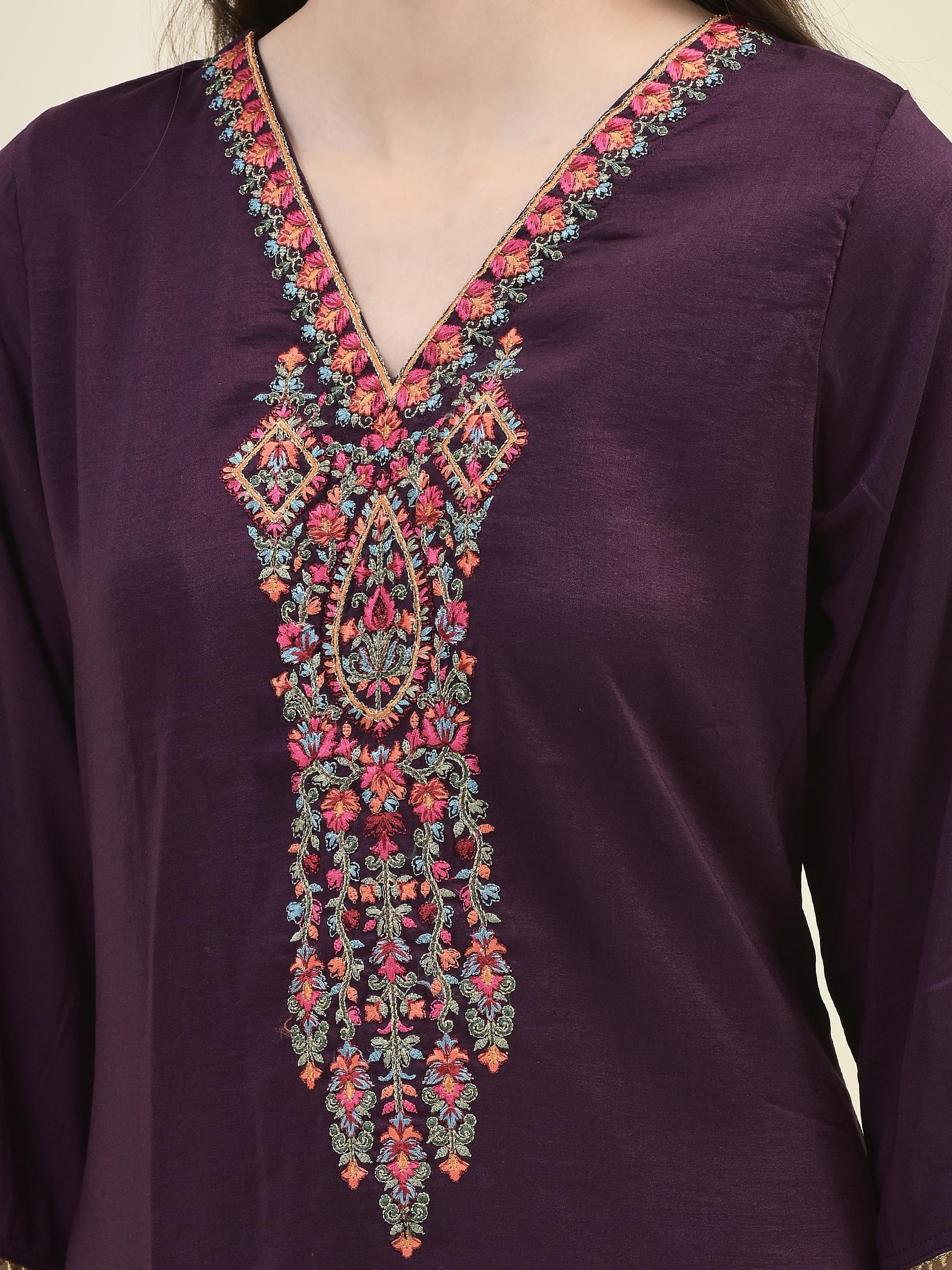 Women Silk Purple Embroidered Kurta Comfort Pant Dupatta.