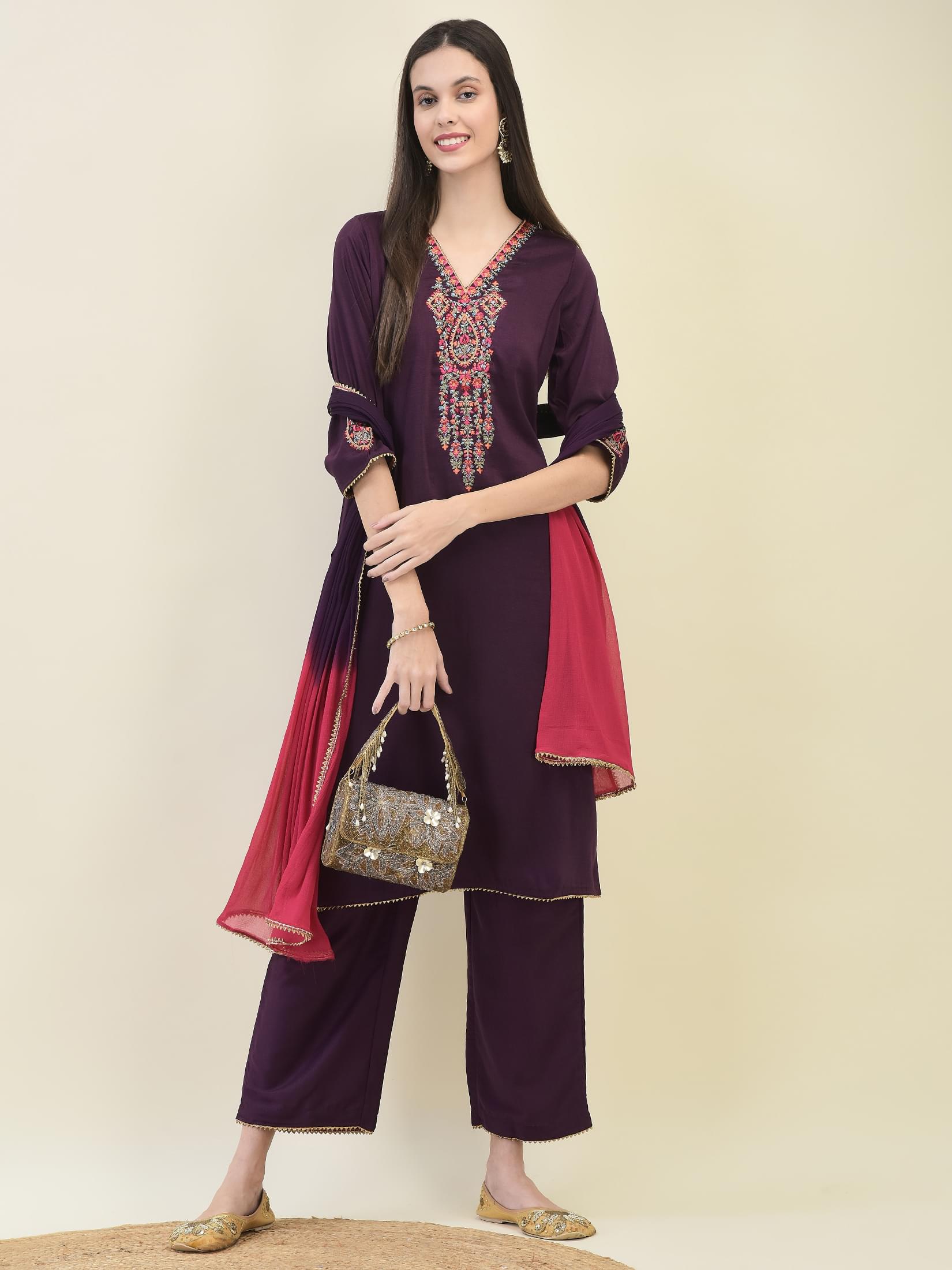 Women Silk Purple Embroidered Kurta Comfort Pant Dupatta.