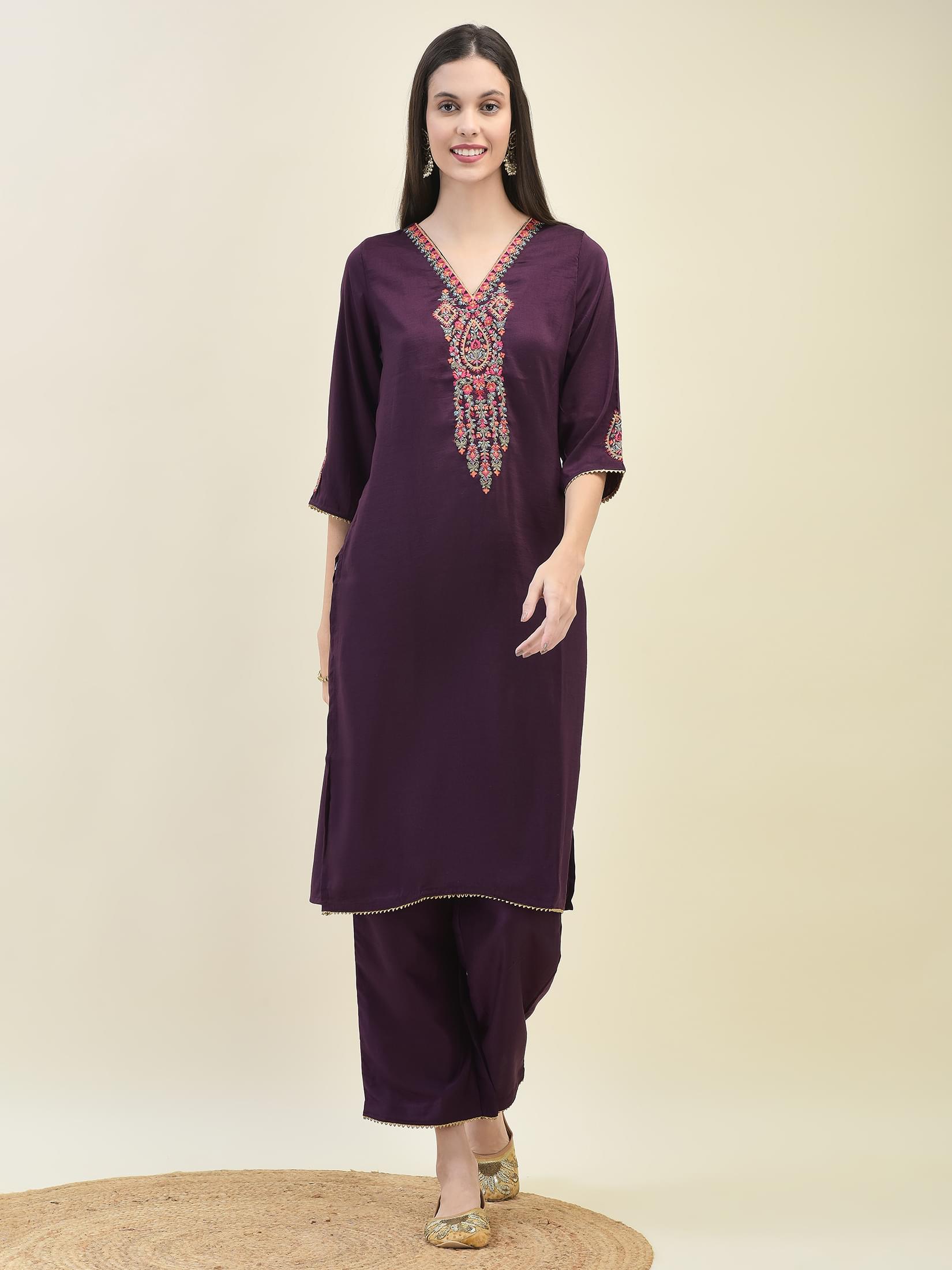 Women Silk Purple Embroidered Kurta Comfort Pant Dupatta.