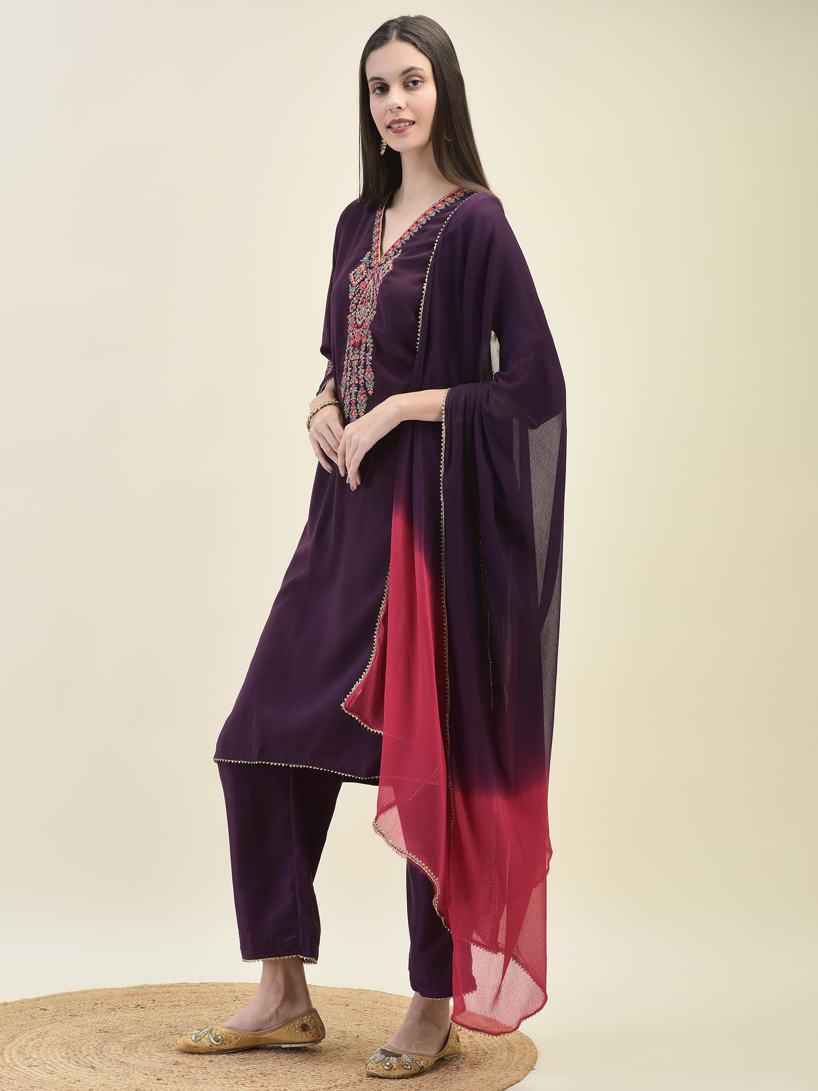 Women Silk Purple Embroidered Kurta Comfort Pant Dupatta.