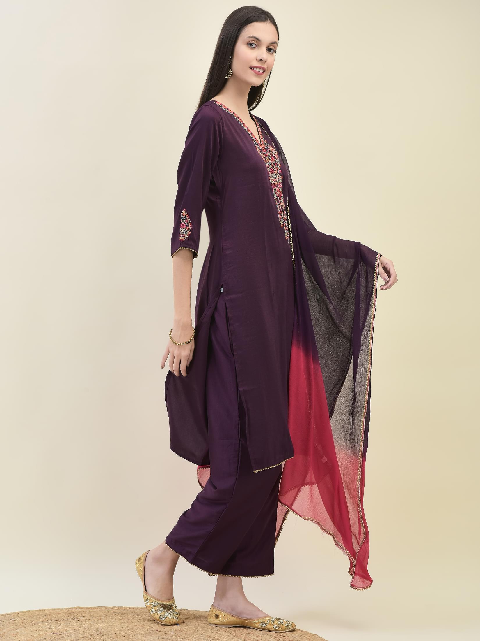 Women Silk Purple Embroidered Kurta Comfort Pant Dupatta.
