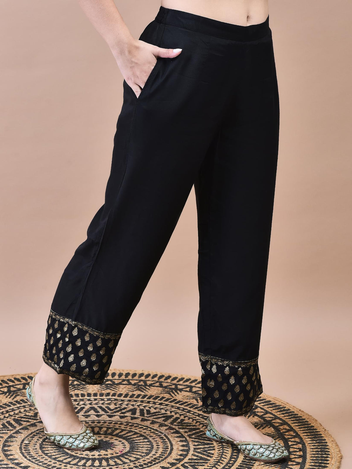 Women Dola Jacquard Black Woven Kurta Comfort Pant Dupatta.
