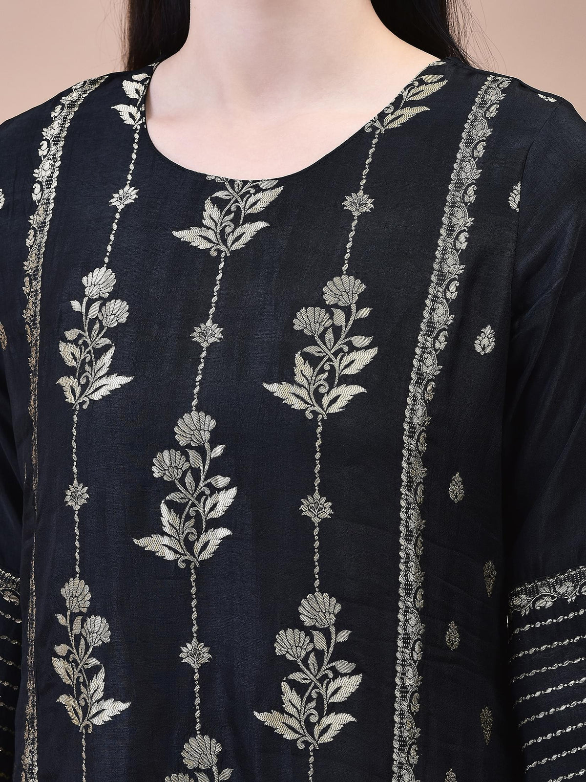 Women Dola Jacquard Black Woven Kurta Comfort Pant Dupatta.