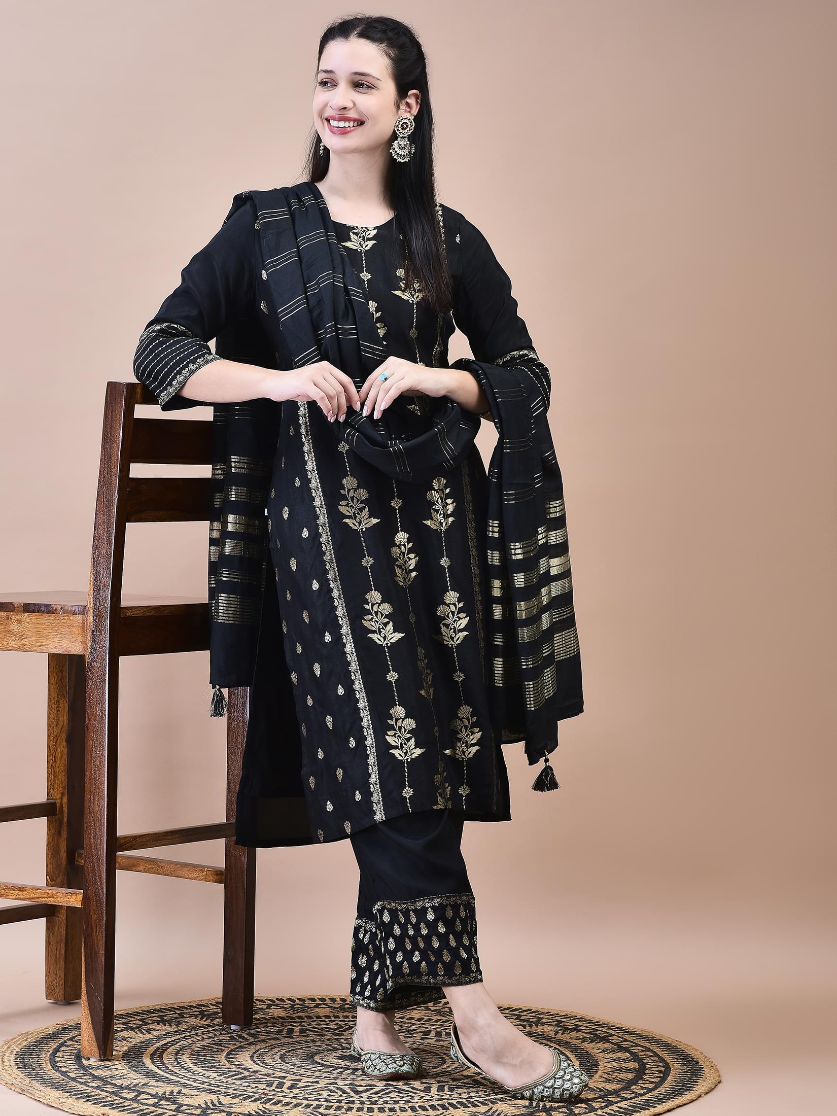 Women Dola Jacquard Black Woven Kurta Comfort Pant Dupatta.