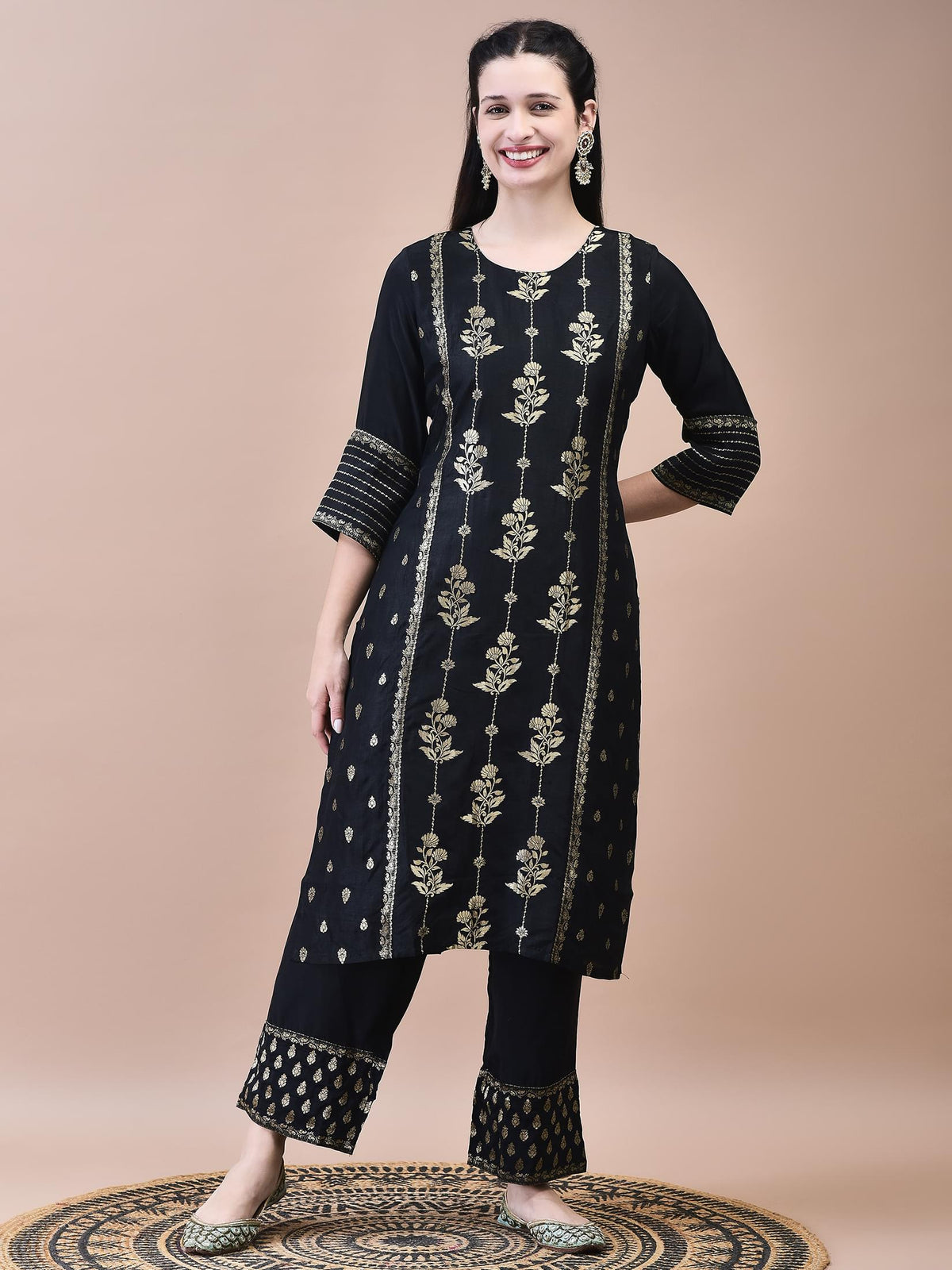 Women Dola Jacquard Black Woven Kurta Comfort Pant Dupatta.