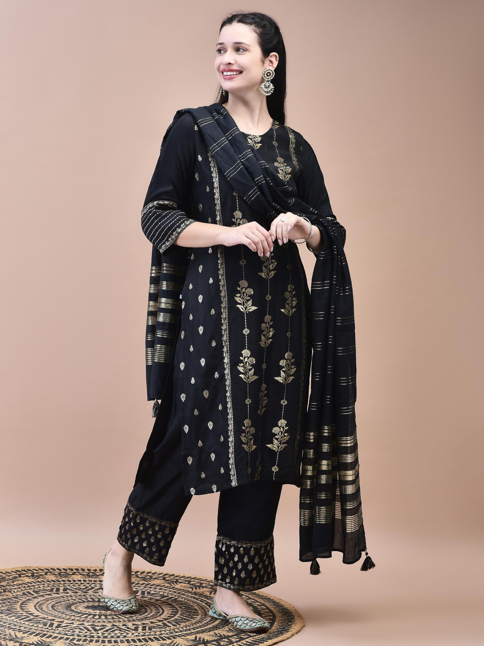 Women Dola Jacquard Black Woven Kurta Comfort Pant Dupatta.