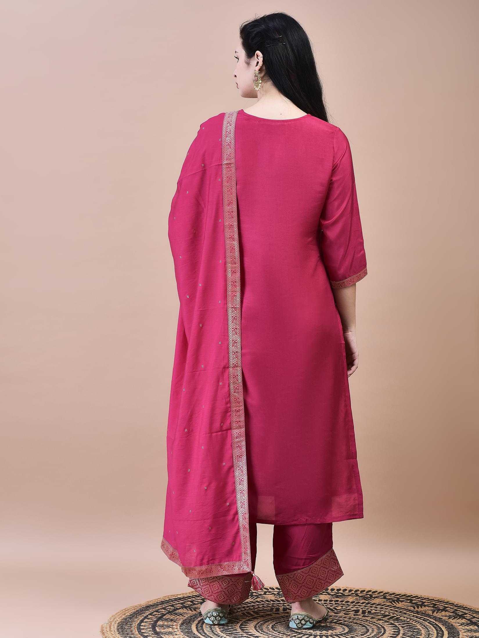 Women Dola Jacquard Fuchsia Woven Kurta Comfort Pant Dupatta.