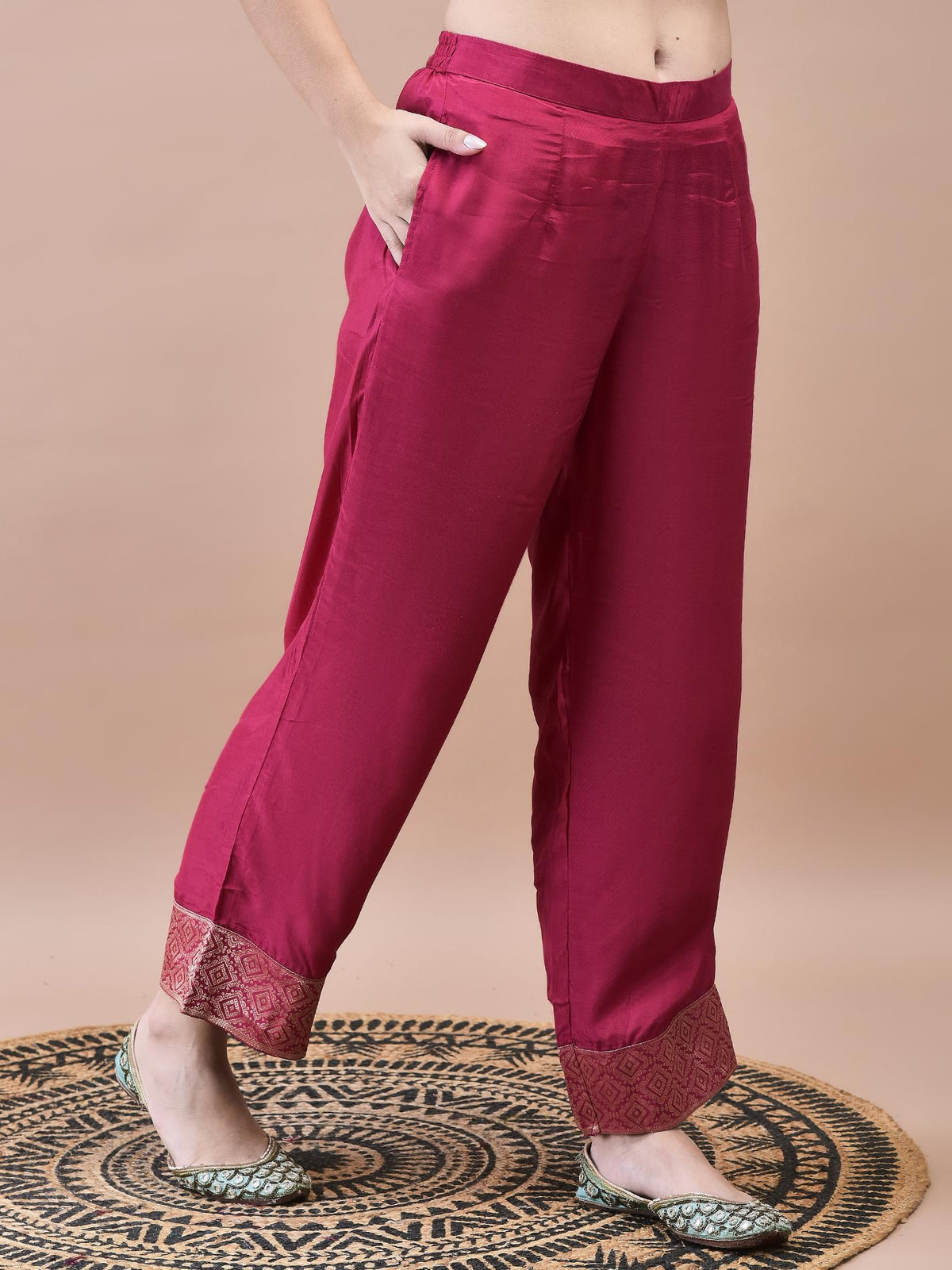 Women Dola Jacquard Fuchsia Woven Kurta Comfort Pant Dupatta.