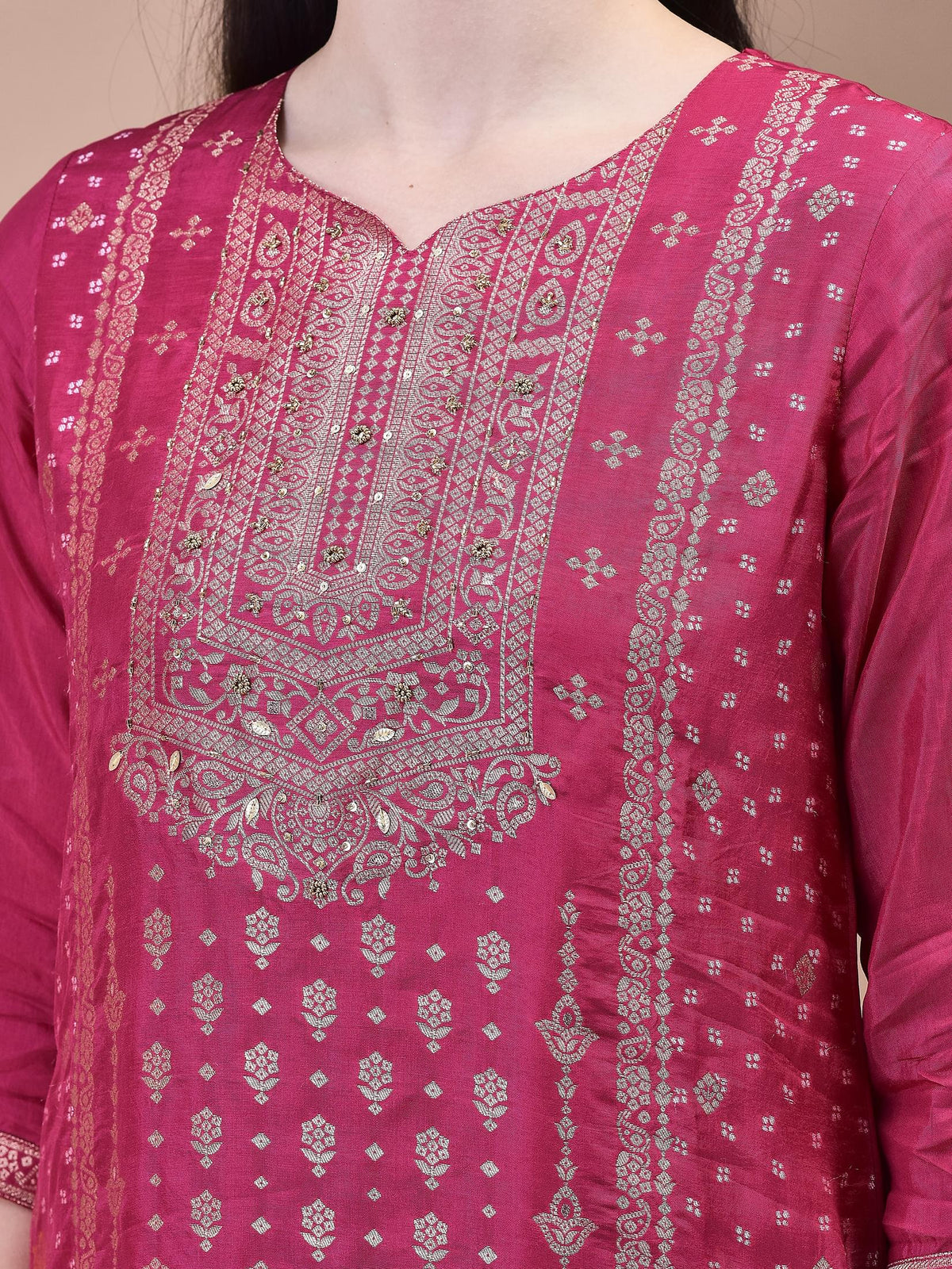 Women Dola Jacquard Fuchsia Woven Kurta Comfort Pant Dupatta.