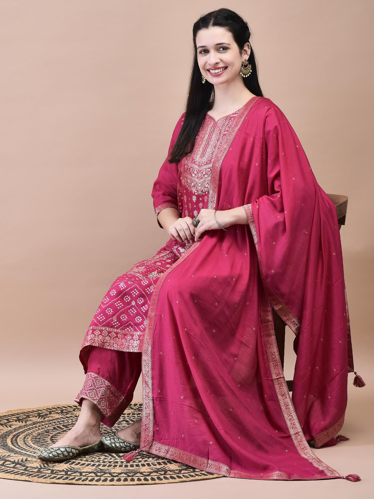 Women Dola Jacquard Fuchsia Woven Kurta Comfort Pant Dupatta.